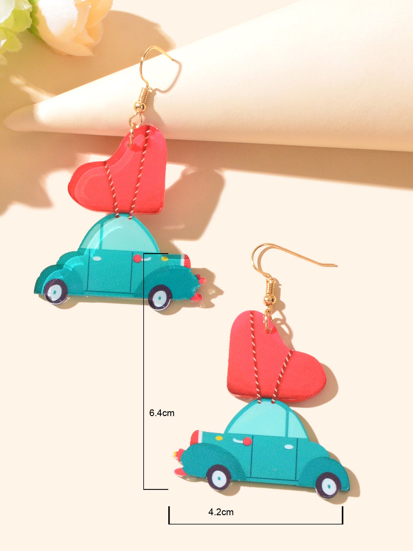 Sweet Acrylic Lightweight Red Heart Green Car Earrings Perfect Gift Jewellery