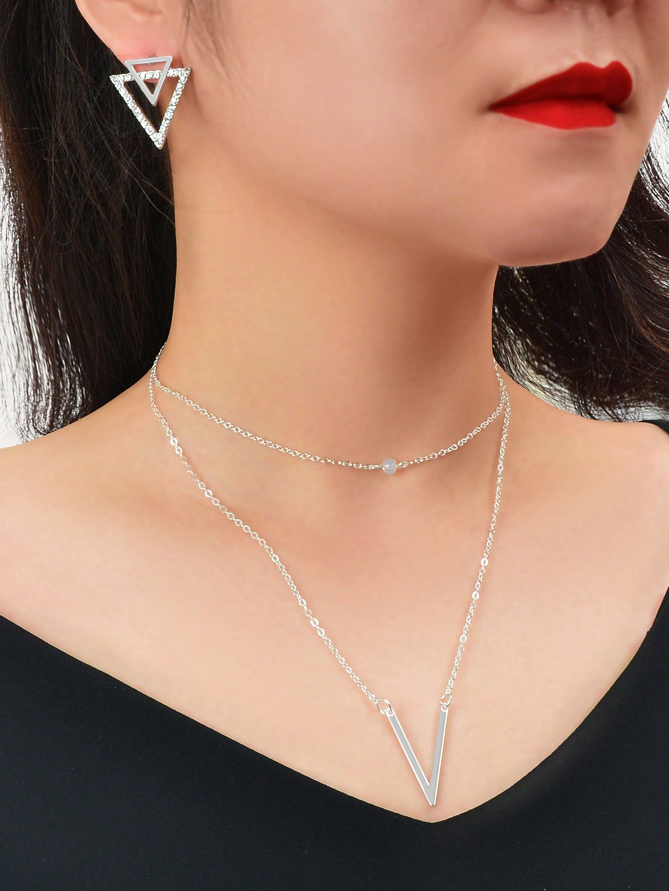 Silver V Pendant Necklace with Triangle Earrings Jewelry Set