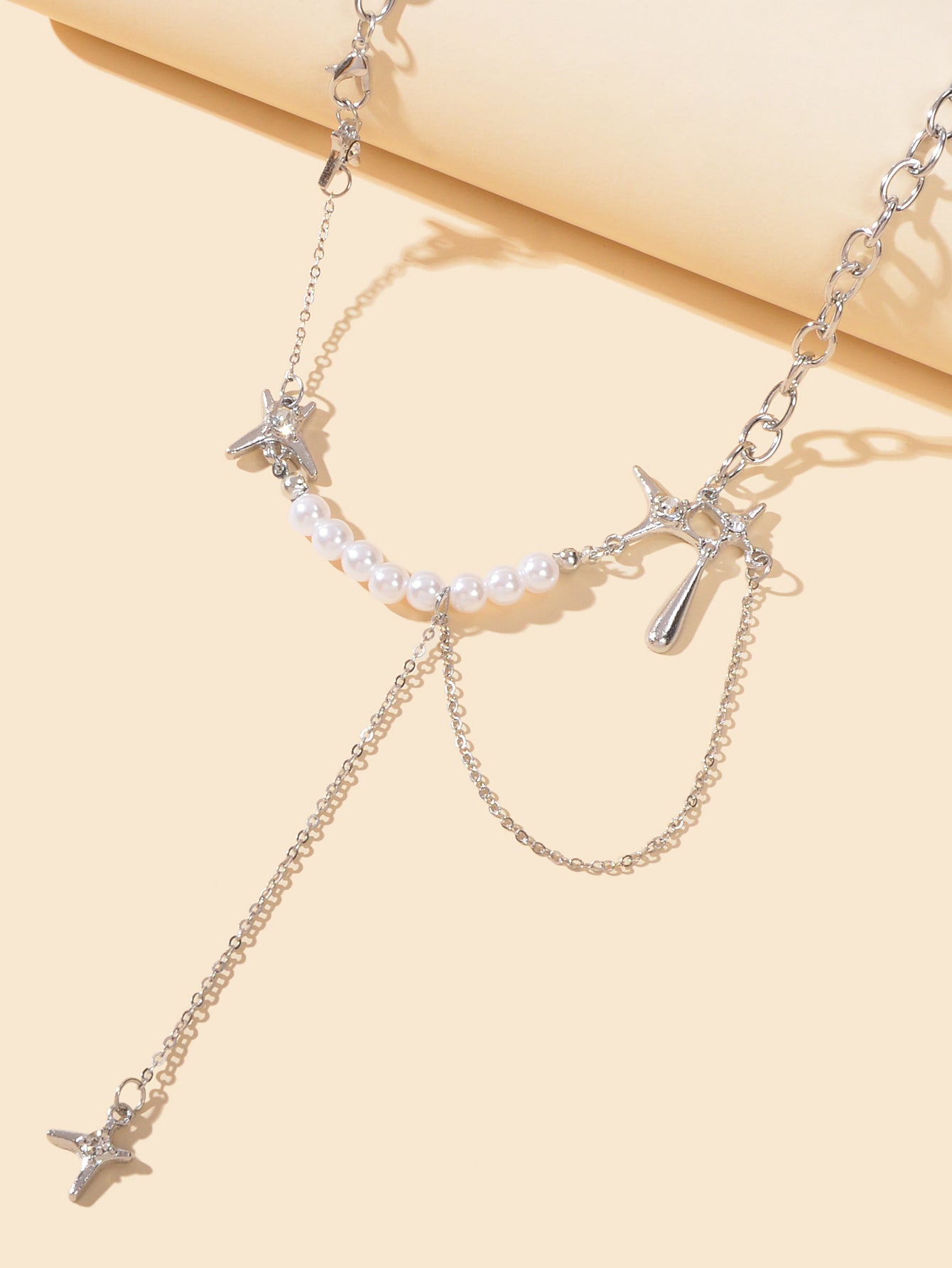 Multiple Silver Chain Star Charm Pearl Decoration Clavicle Necklace Costume Gift
