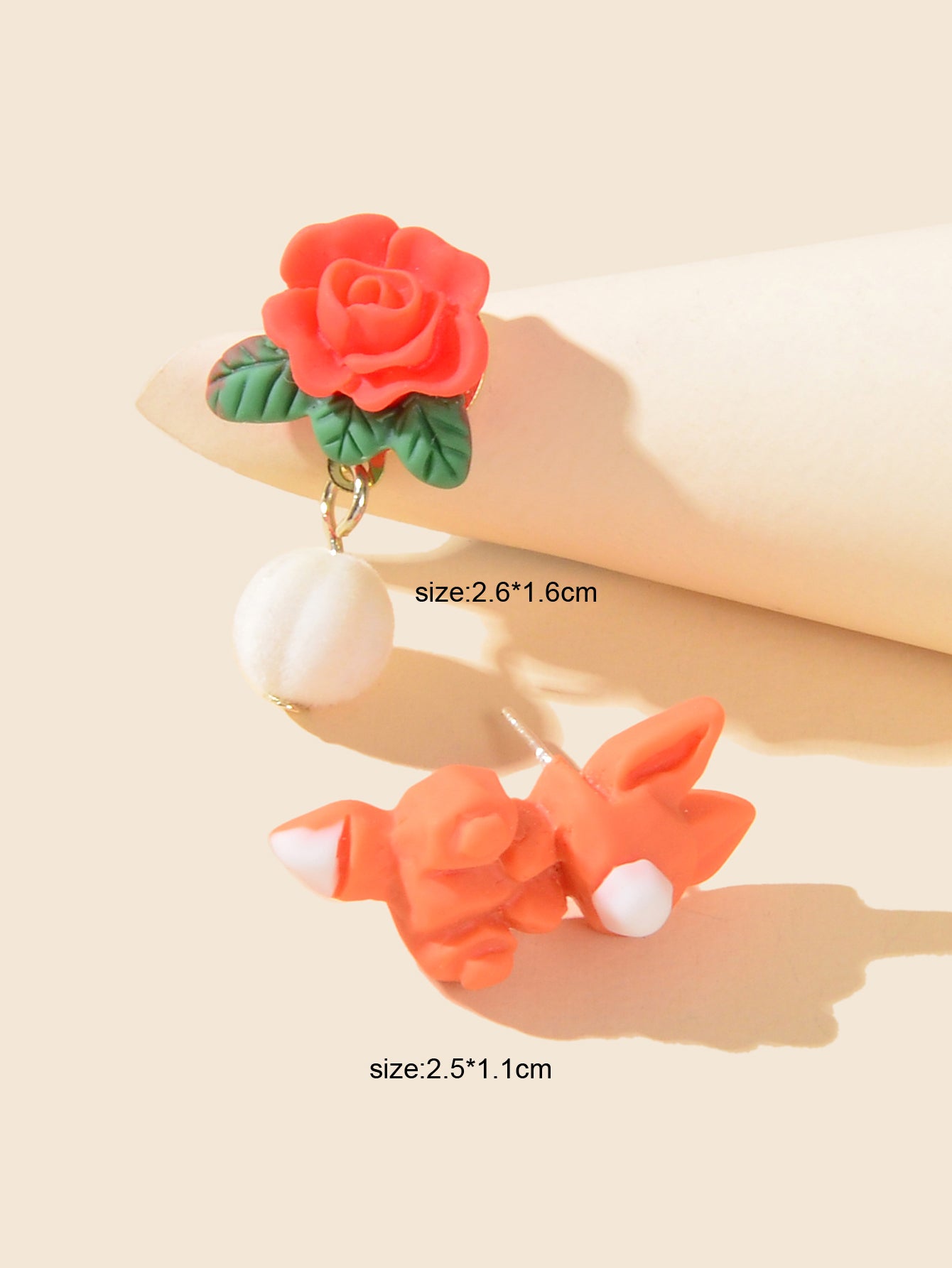 Funny Gift Asymmetrical 3D Cartoon Carved Red Rose Orange Fox Stud Earrings Gift