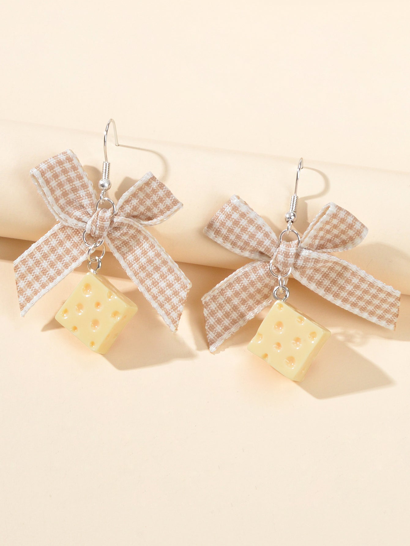 Sweet Beige Lattice Ribbon Bowknot Cheese Charm Dangling Elements Hook Earrings