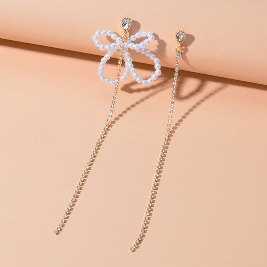 Sweet Pearl Beads Flower Rhinestone Long Gold Chain Asymmetric Pendant Earrings
