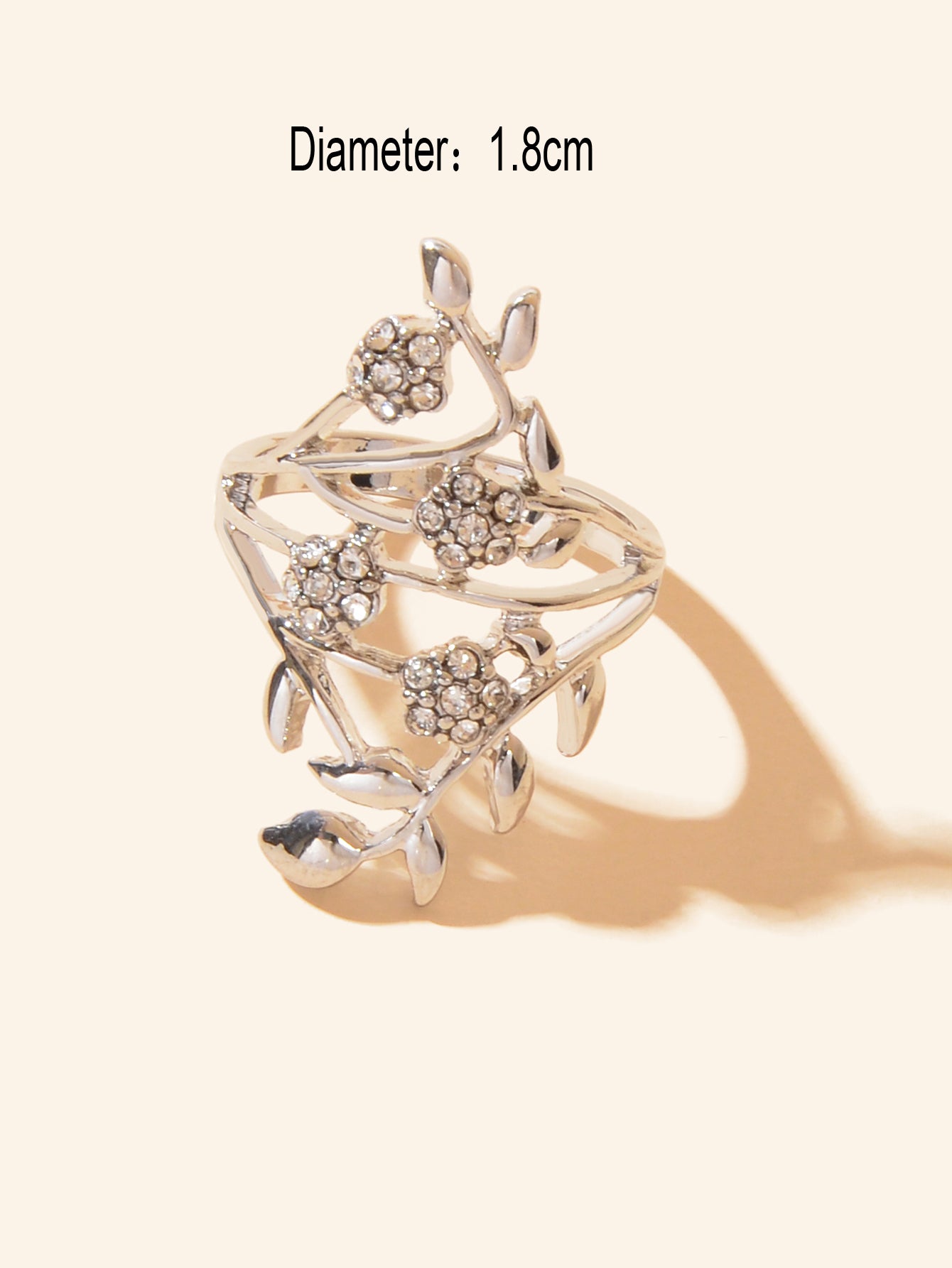 Luxurious Rhinestone Decor Silver Hollow Flower Leaf Finger Engagement Gift Ring