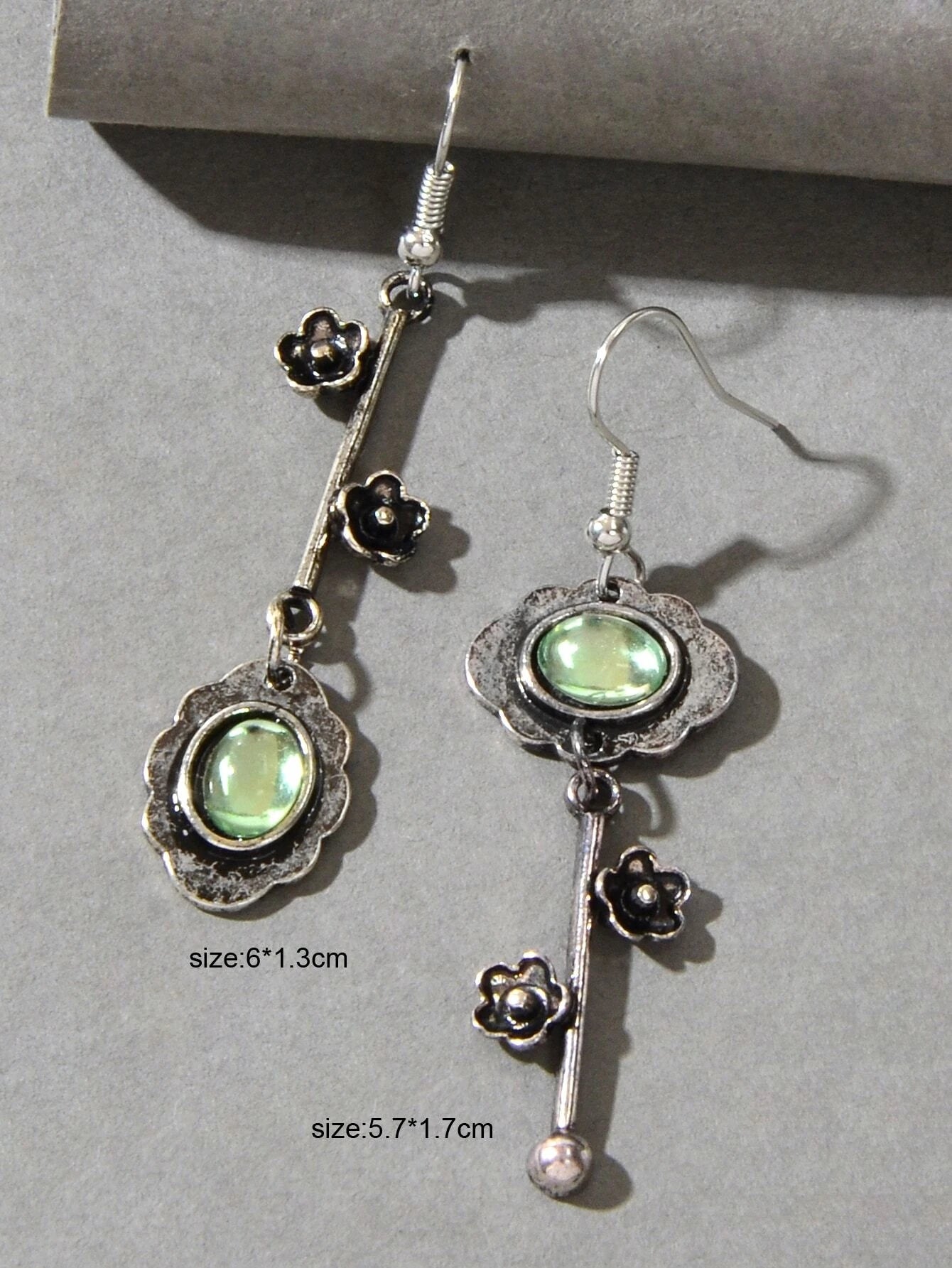 Green Blue Crystal Antique Silver Retro Flower Asymmetric Earrings Vintage Gift