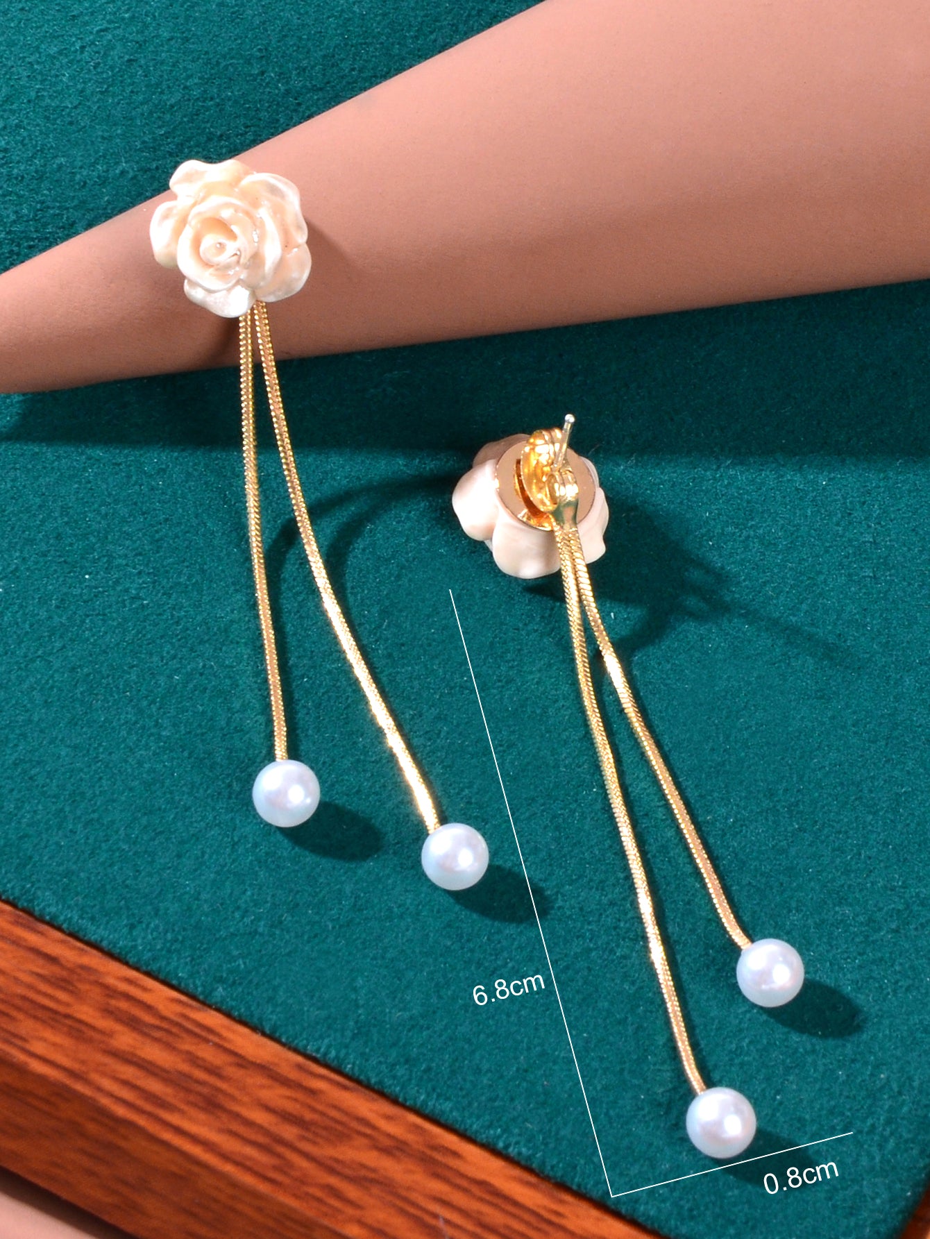 Romantic Flower Pearl Charm Long Gold Chain Pendant Earrings