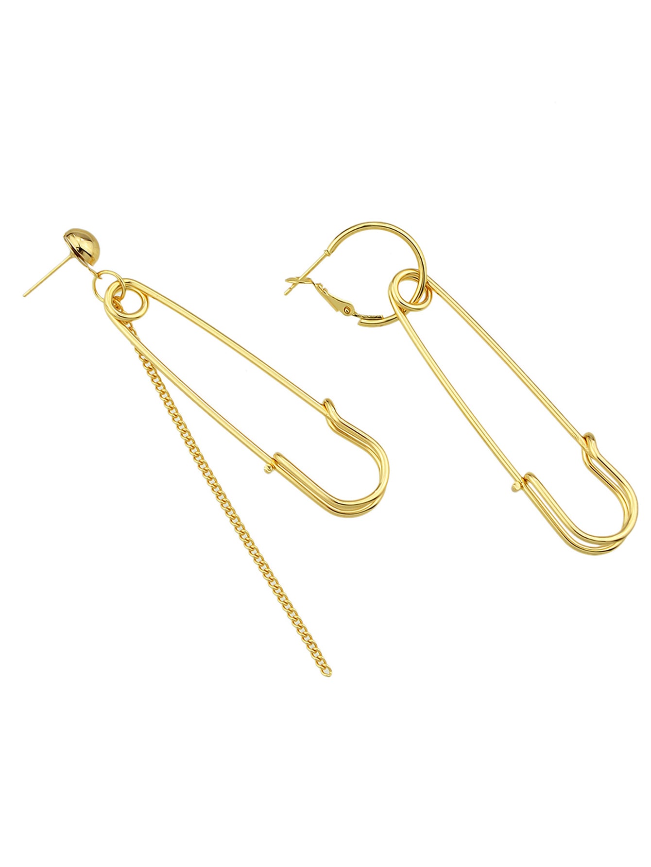 Asymmetric Punk Hip Hop Gold Silver Chain Pin Shape Hoop Stud Statement Earrings