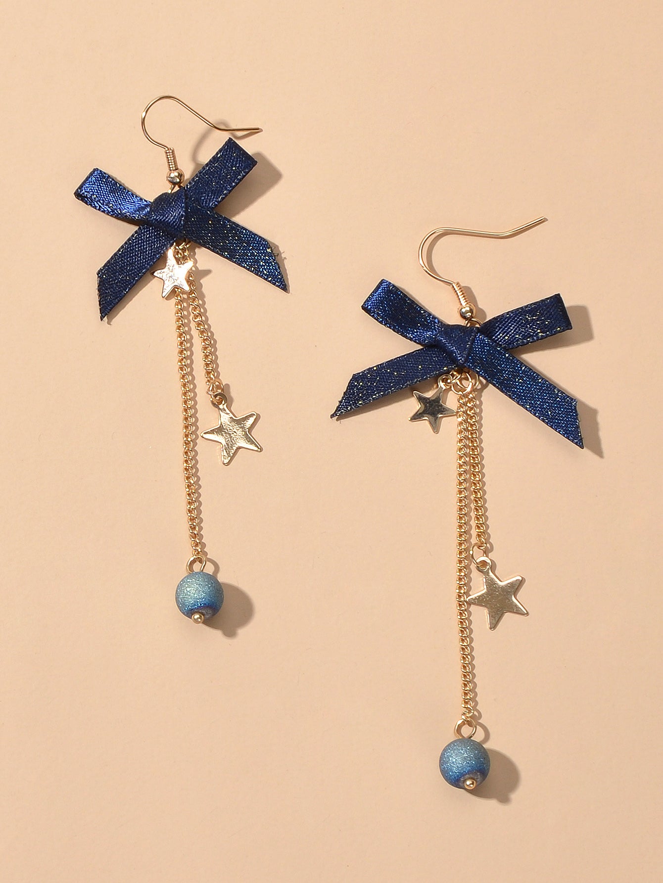 Sweet Design Blue Ribbon Bowknot Long Gold Chain Star Beads Pendant Earrings