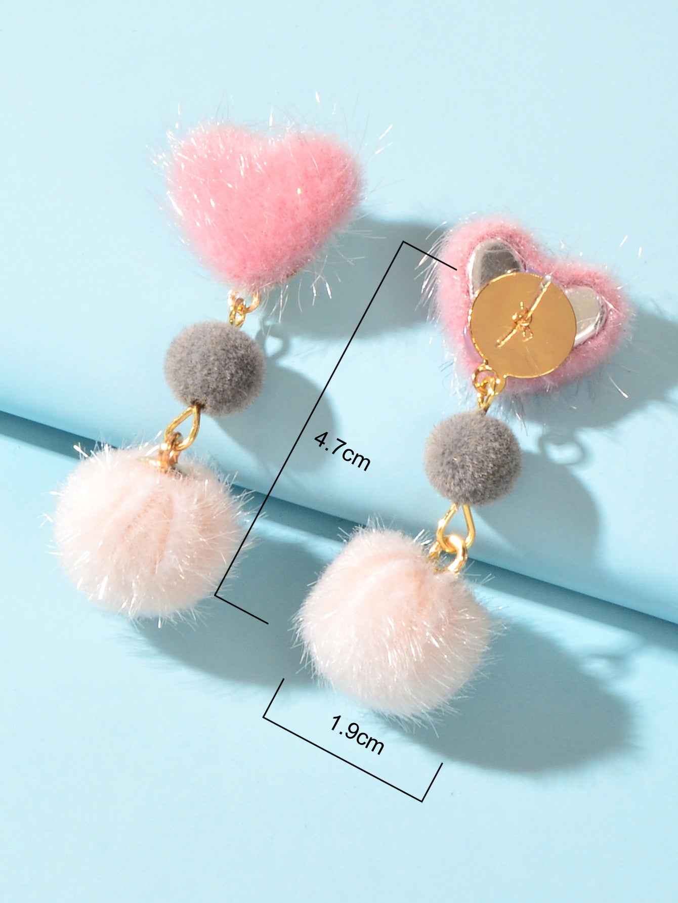 Colorful Faux Fur Ball Pom Pom Heart Dangle Earrings Gift for Christmas New Year