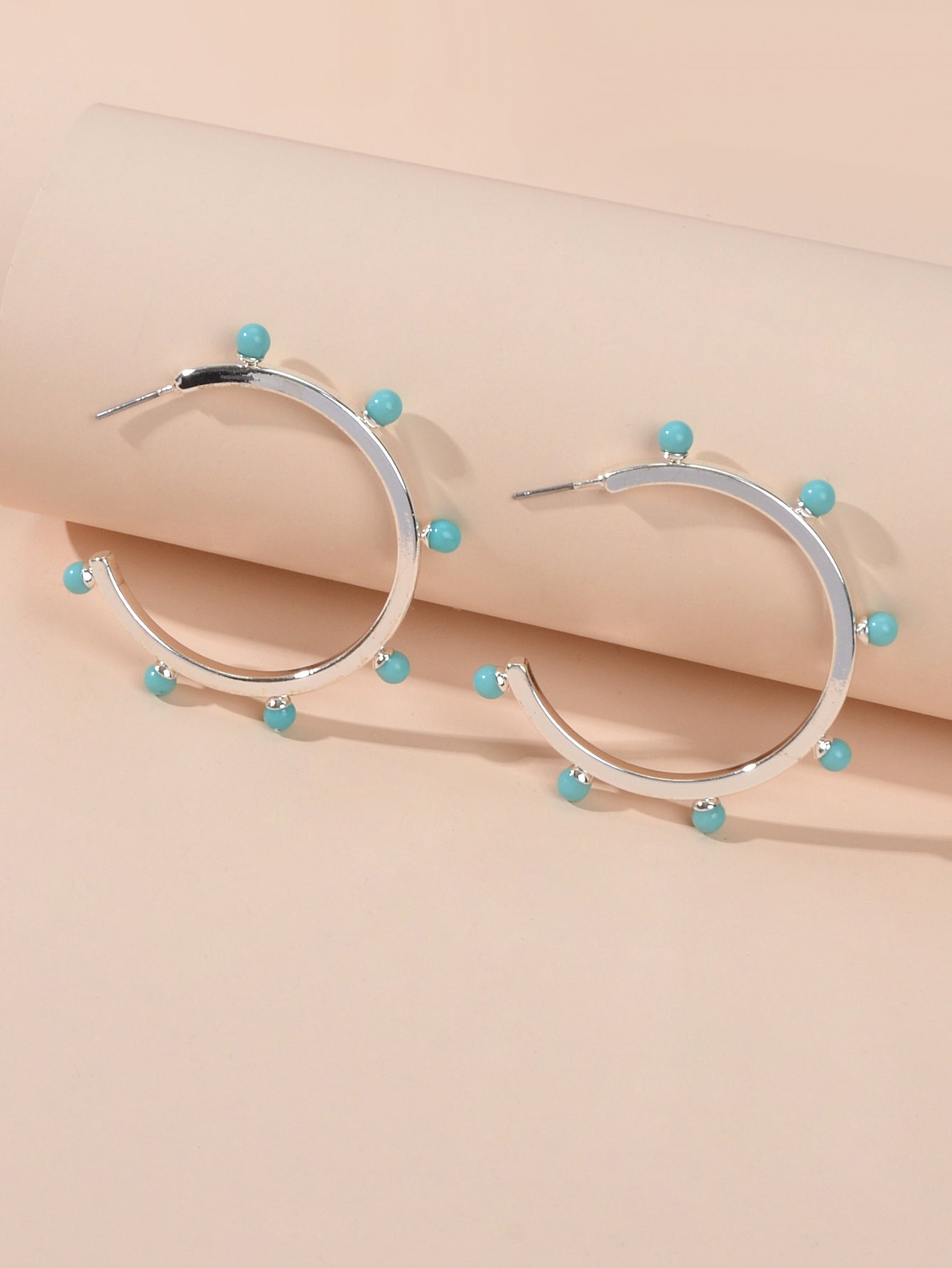 Designer Stylish Blue Hotpink Beads Silver Circle C Hoop Huggie Stud Earrings