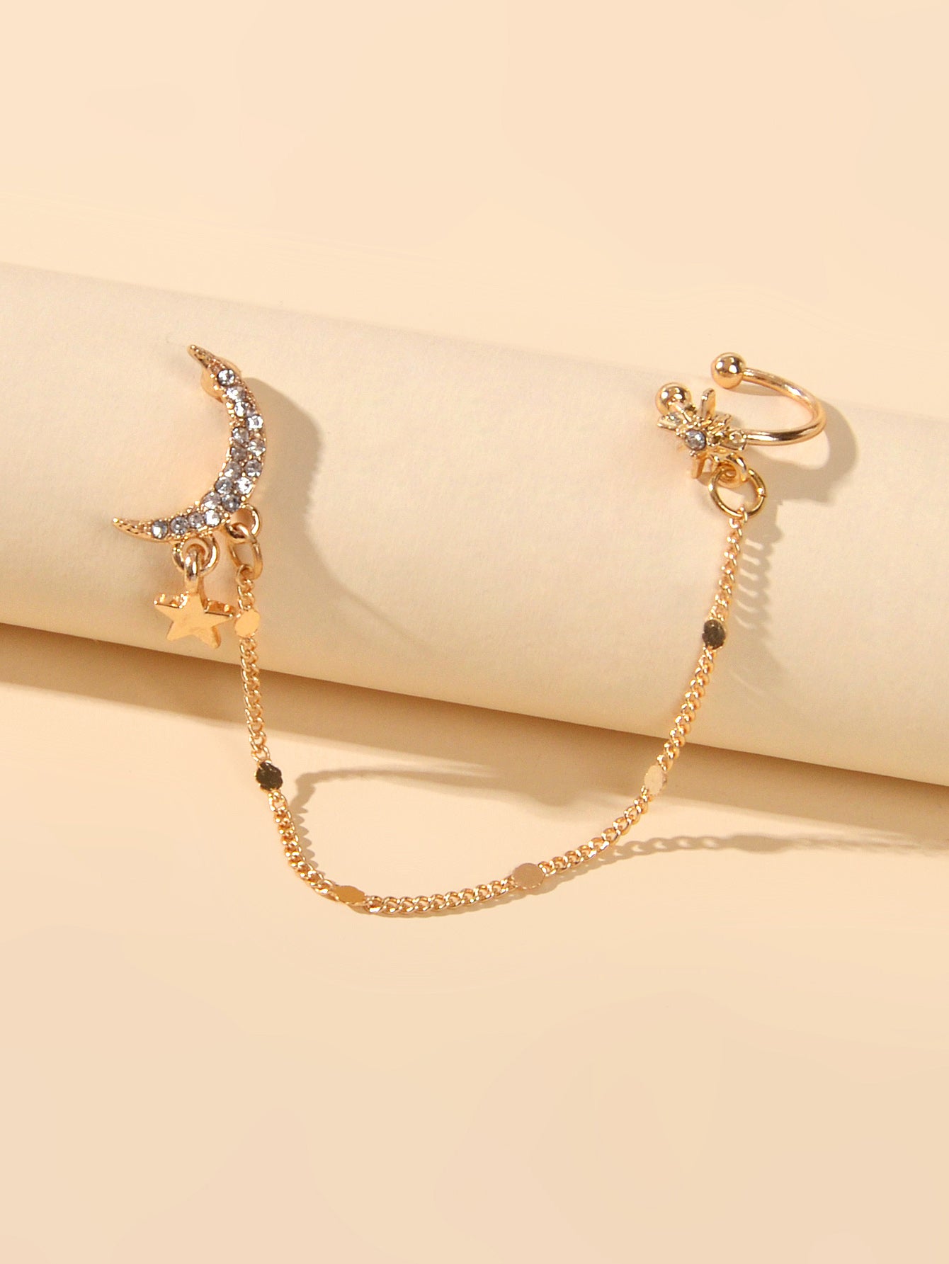 Star Moon Chain Stud Ear Cuff Wrap Clip On Crawler Climber Cartilage Earrings