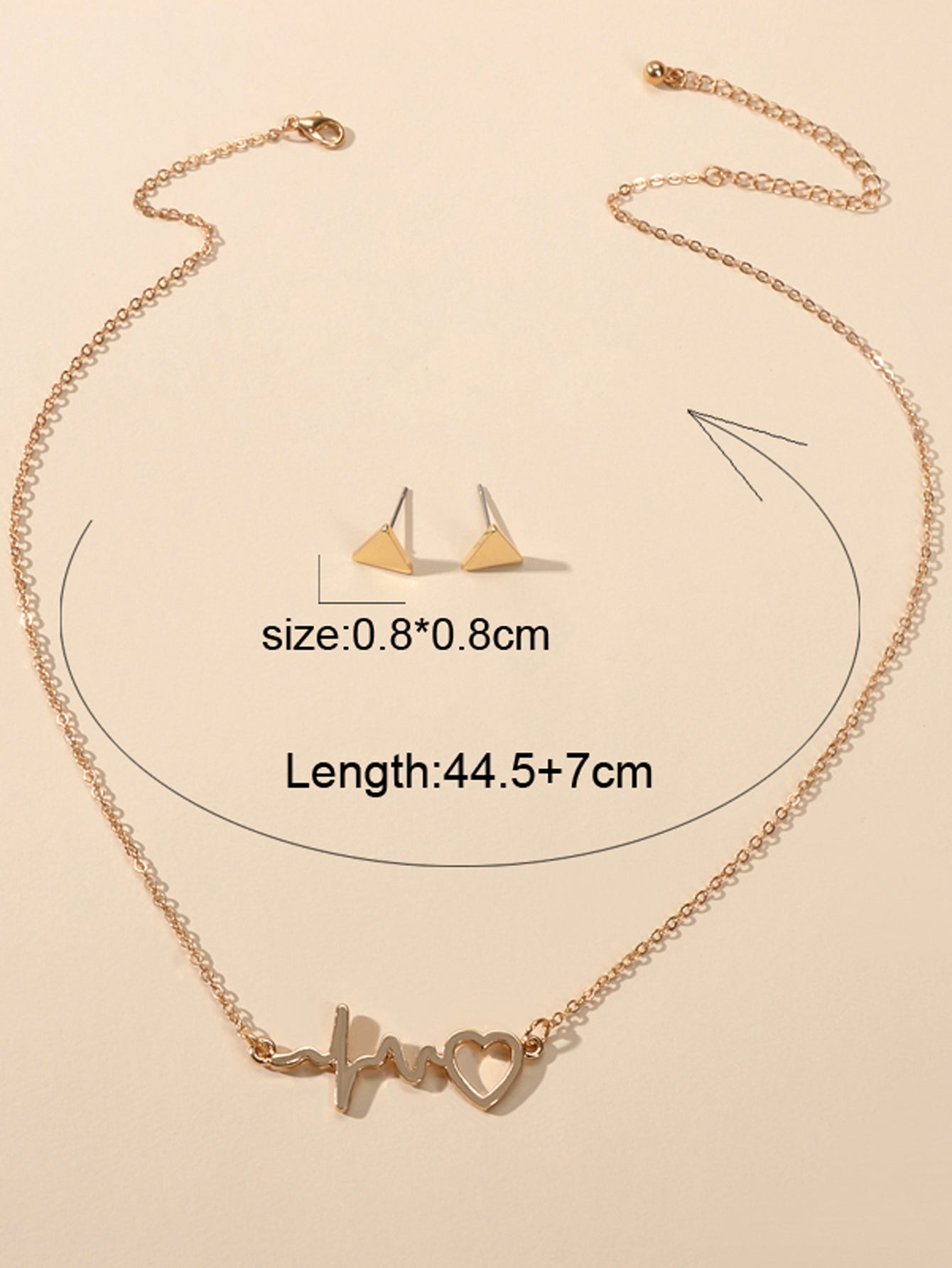 Minimalist Jewellery set Gold Chain Heartbeat Necklace and Triangle Earrings