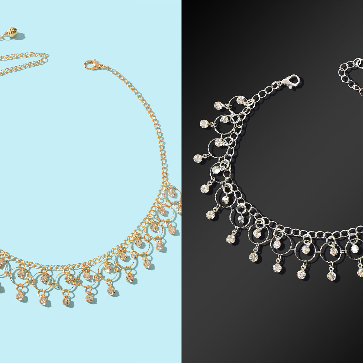 Fashion Jewelry set Rhinestone Decor Golden Chain Necklace and Silvery Chain Anklet