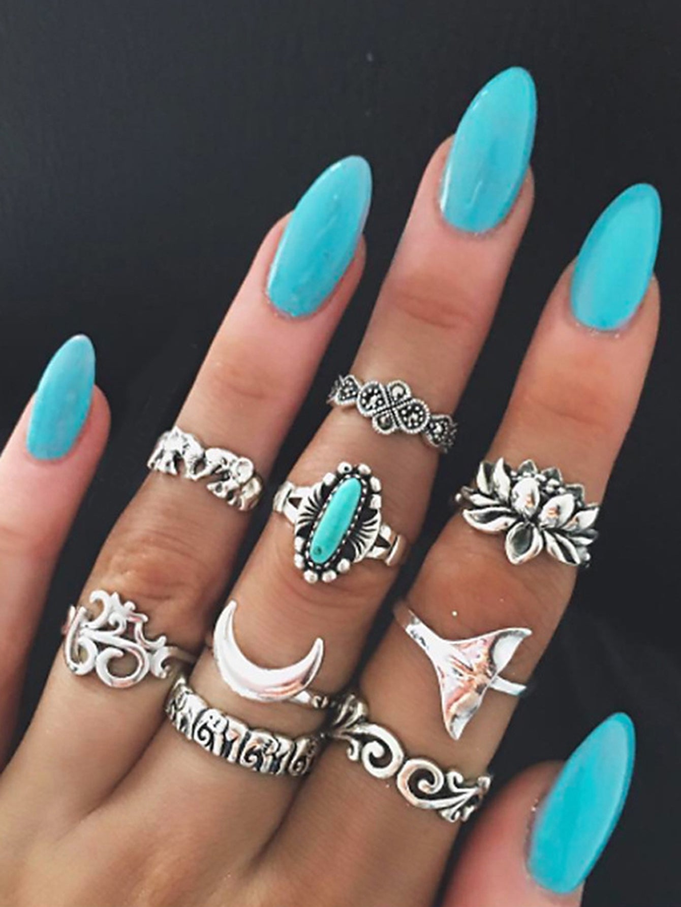 Stackable 9pcs Tribal Ethnic Lotus Elephant Moon Flower Multiple Bulk Rings set