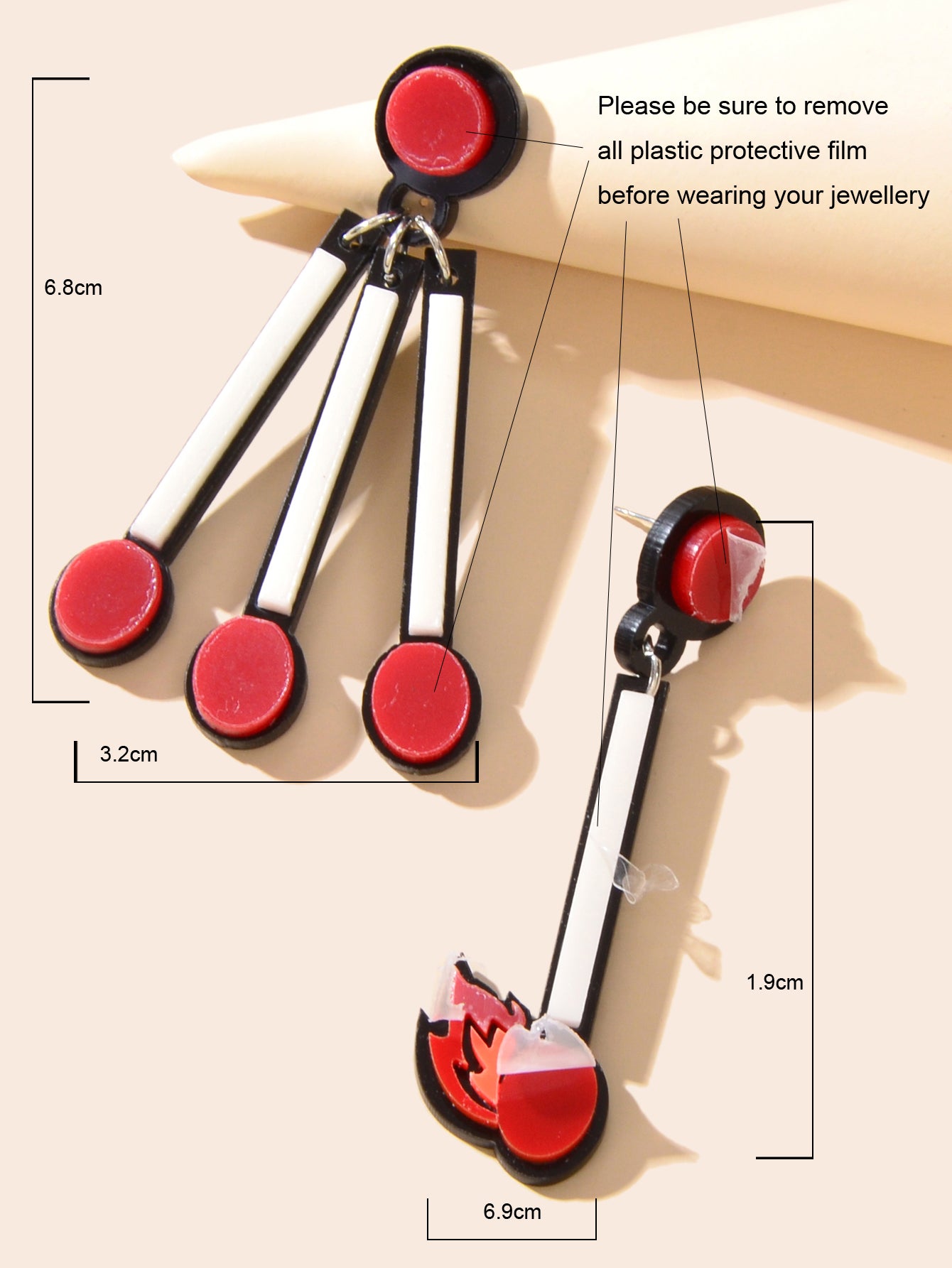 Asymmetrical Personality Accessories Red Acrylic Match Pendant Pierced Earrings