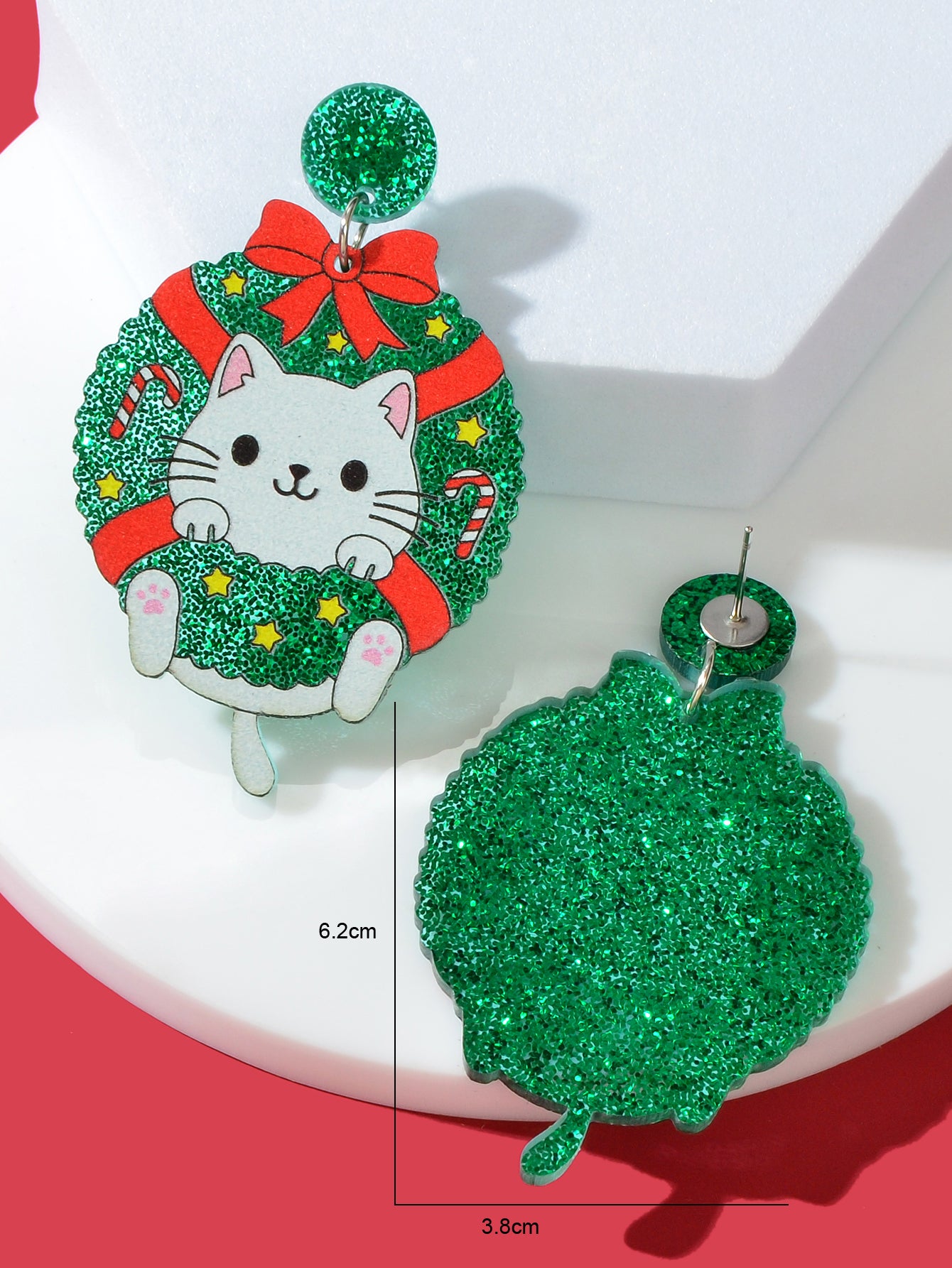 Christmas Green Acrylic Garland Lovely Cat Dangle Earrings Girl Festival Jewelry