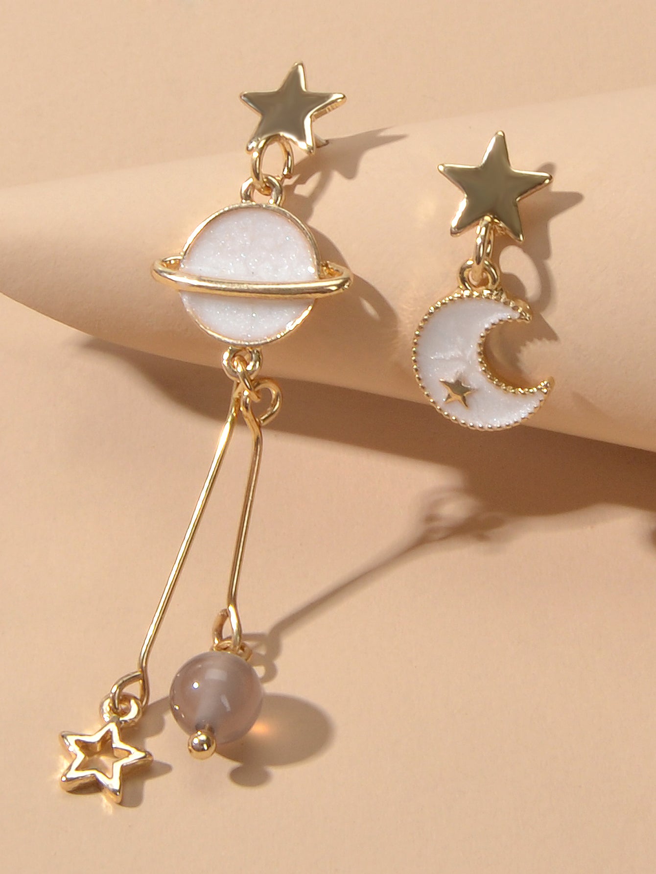 Stunning Gold Chain White Moon Planet Star Charm Stud Drop Asymmetric Earrings