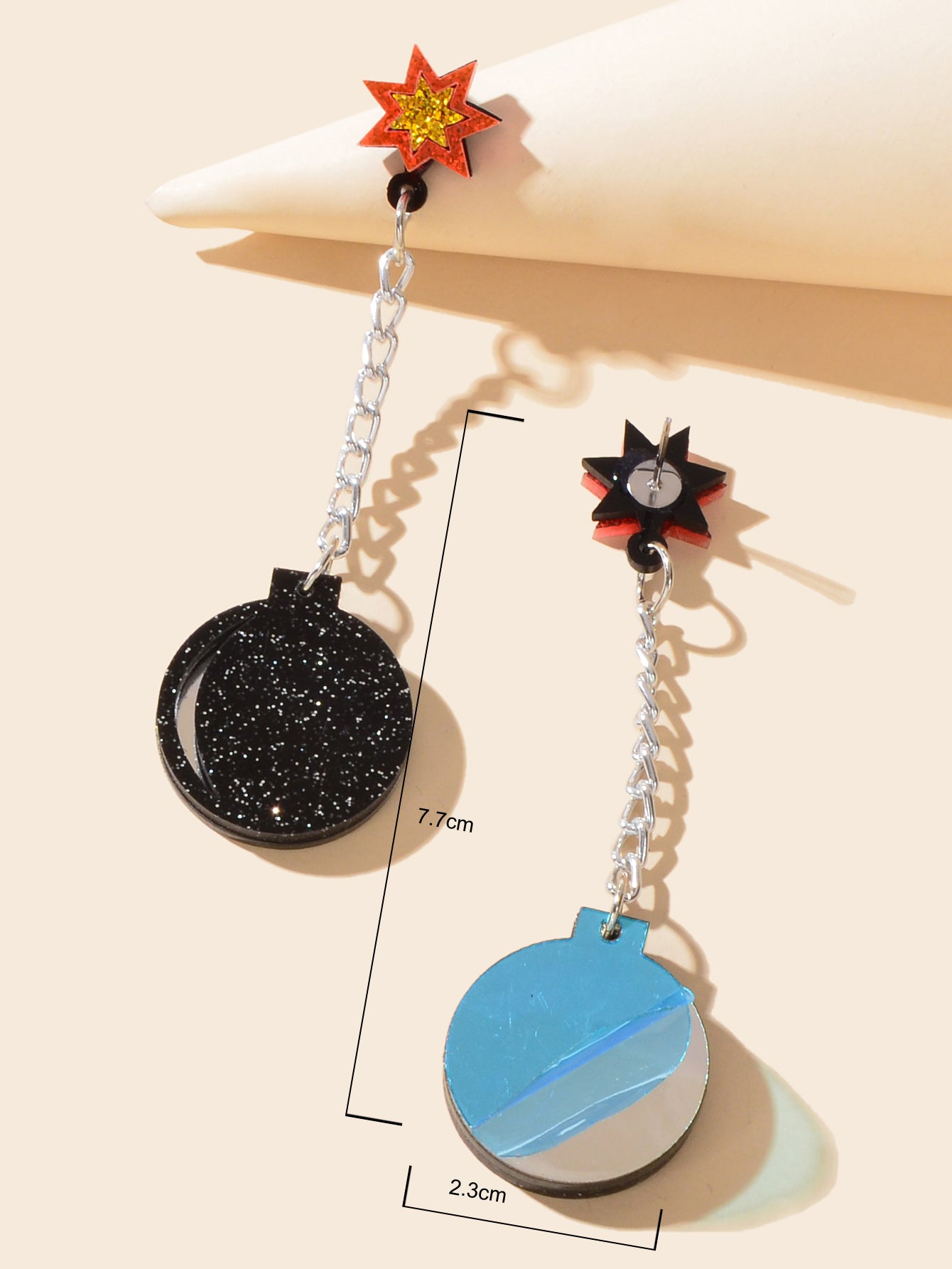 Shiny Long Silver Chain Acrylic Black Bomb Design Charm Party Nightclub Earrings