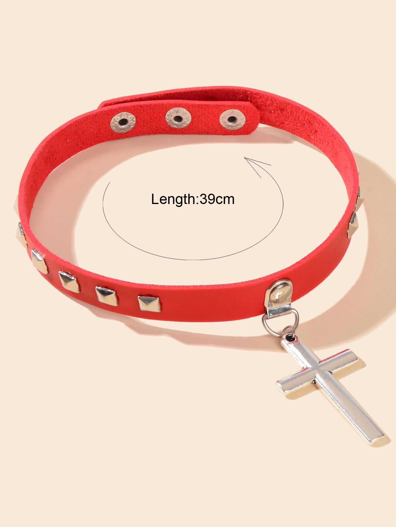 Hip Hop Red Black Pu Leather Spike Adjustable Short Choker Silver Cross Necklace