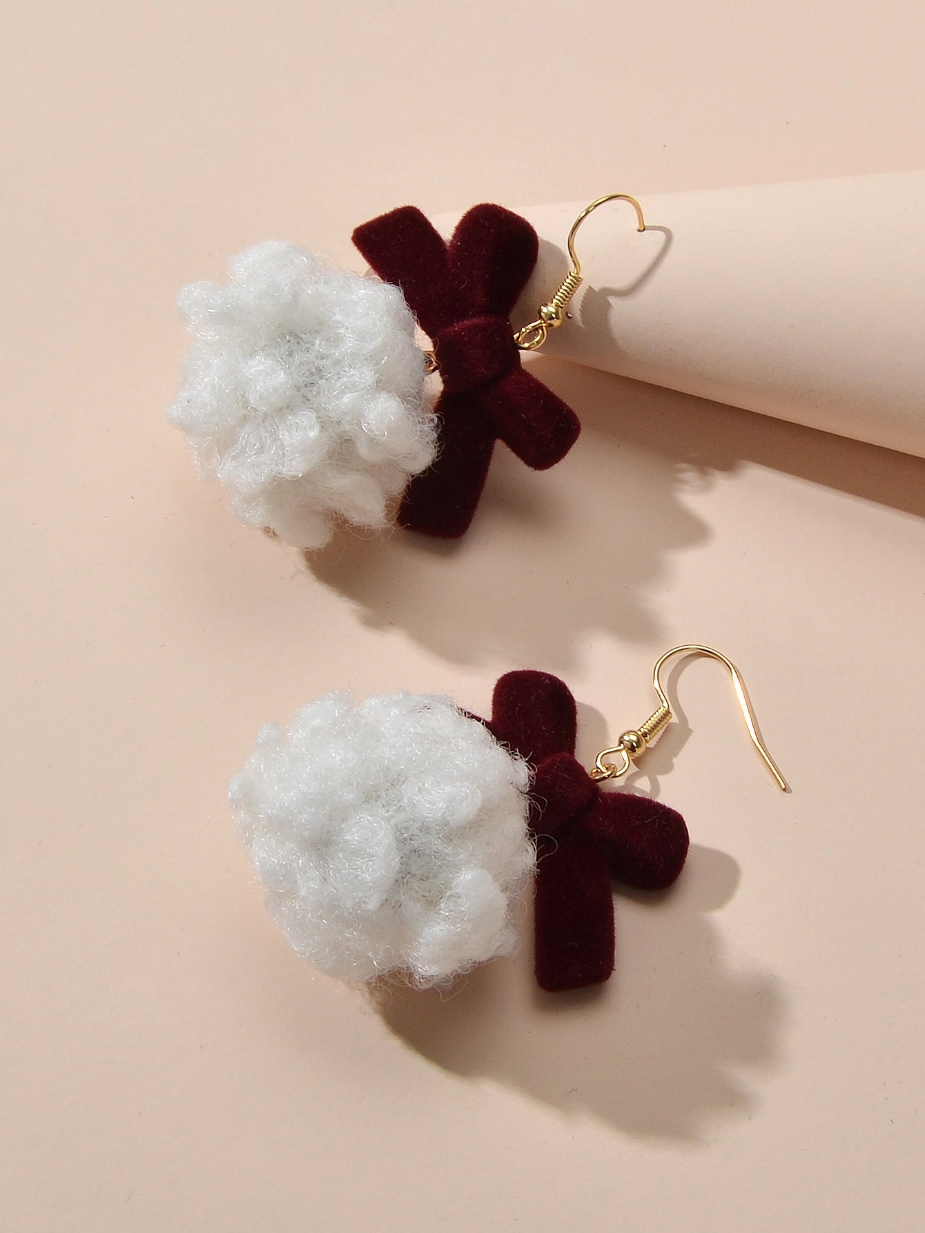 Sweet Winered Velvet Bowknot White Ball Cotton Dangle Earrings Girls Dainty Gift