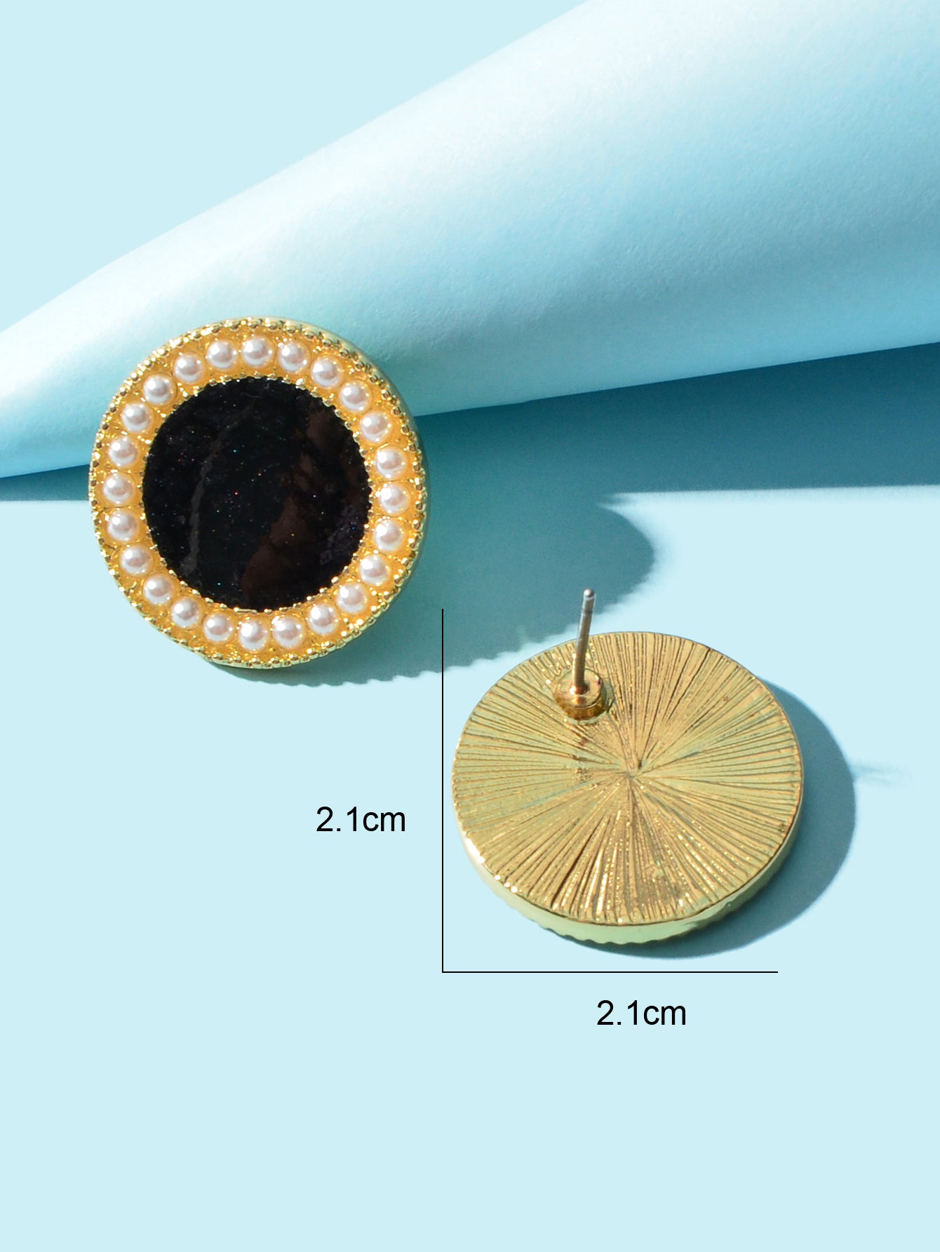 Elegant Pearl Decor Black Enamel Round Stud Earrings Women Dinner Party Jewelry