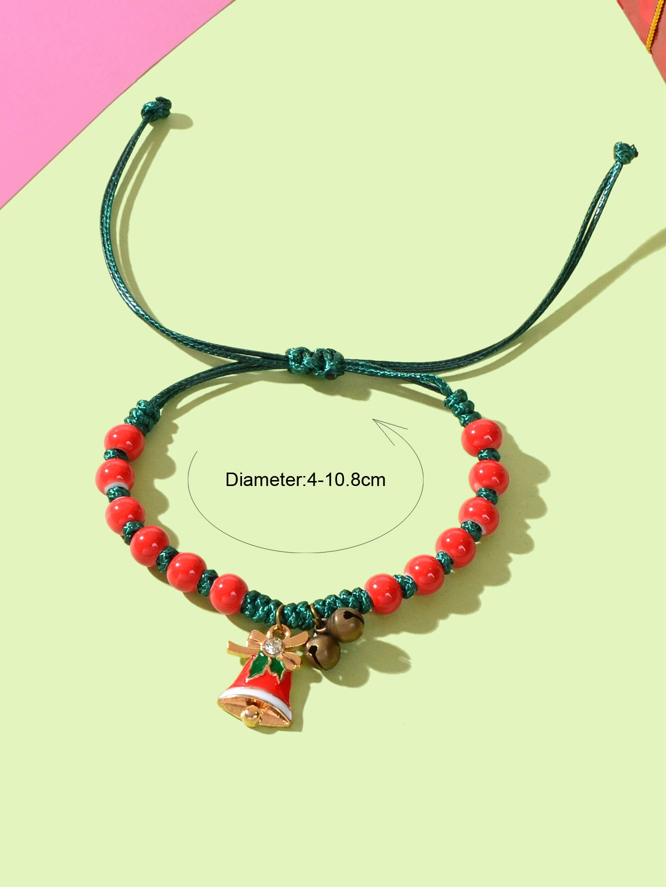Xmas Gift Jewellery Green Braided Rope Red Beaded Bell Charm Adjustable Bracelet