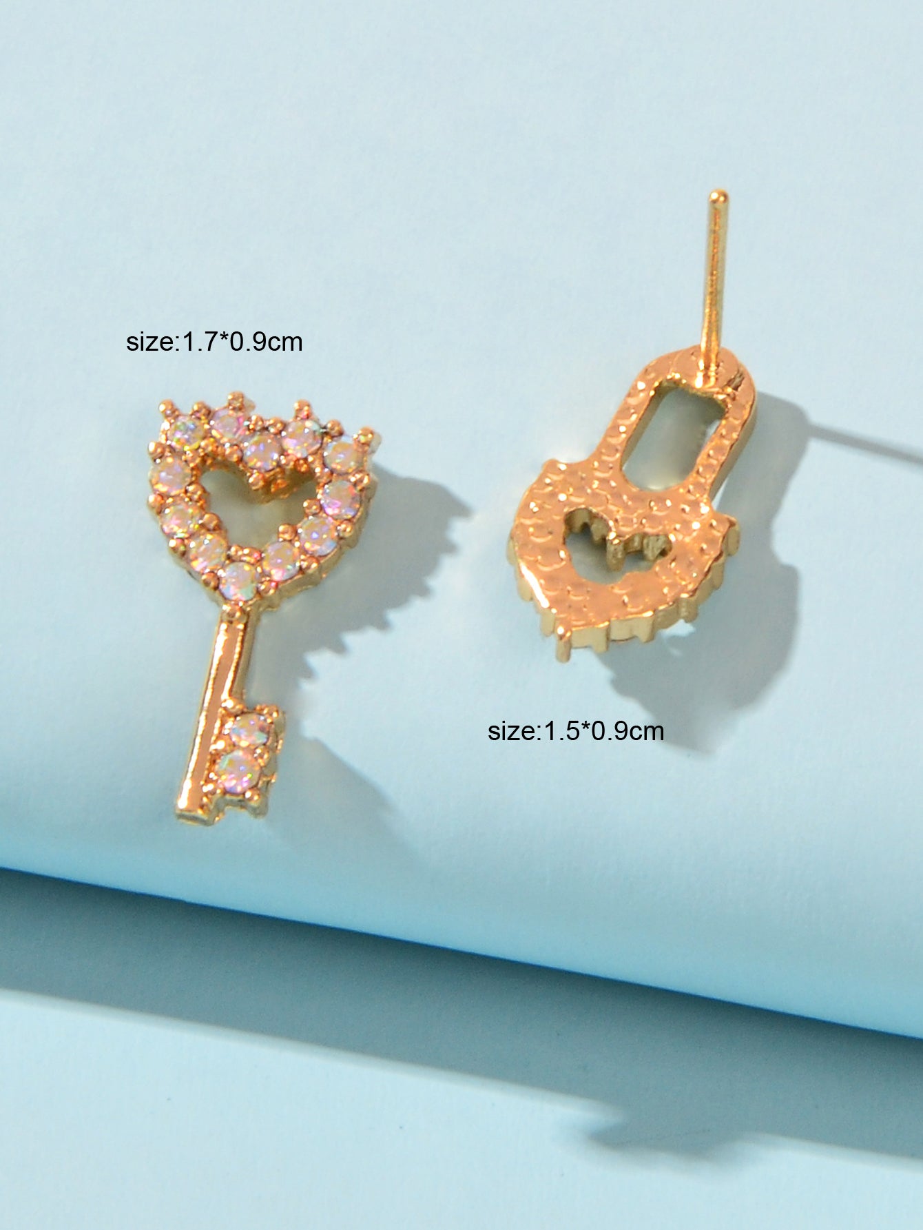 Asymmetrical Design Gold Plated Heart Key Lock Stud Earrings Women Dainty Gifts