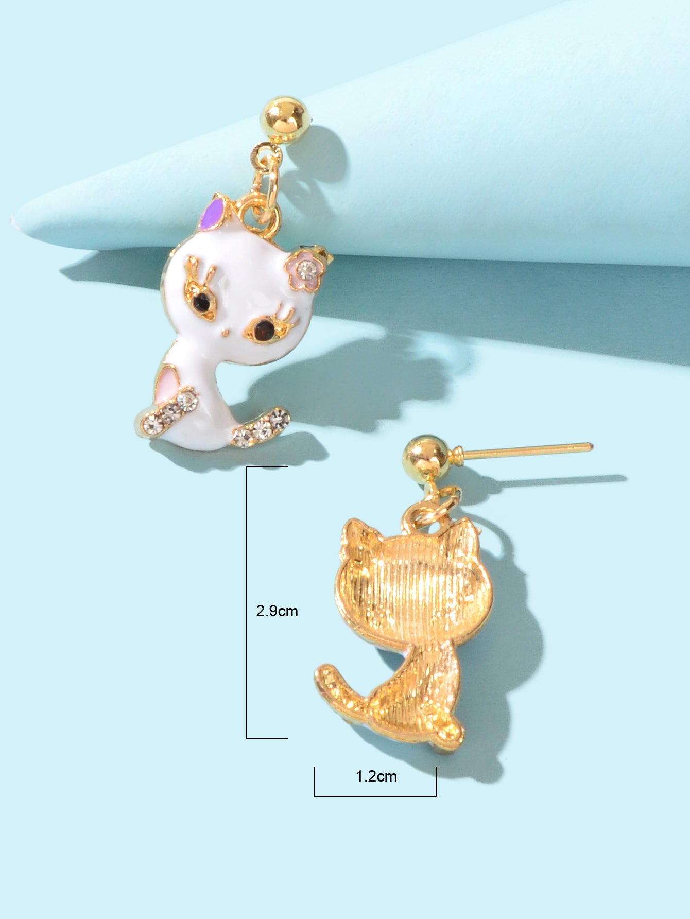 Lovely Cartoon Design Rhinestone White Enamel Cat Pendant Stud Pierced Earrings