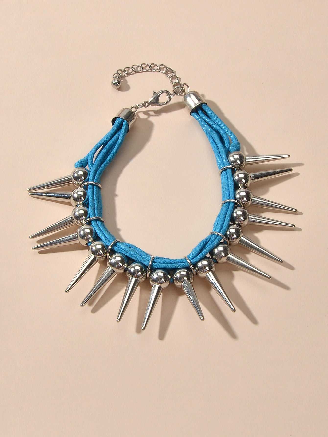 Grunge Punk Rock Jewelry Blue Pu Leather Multi-layer Chain Silver Spike Bracelet