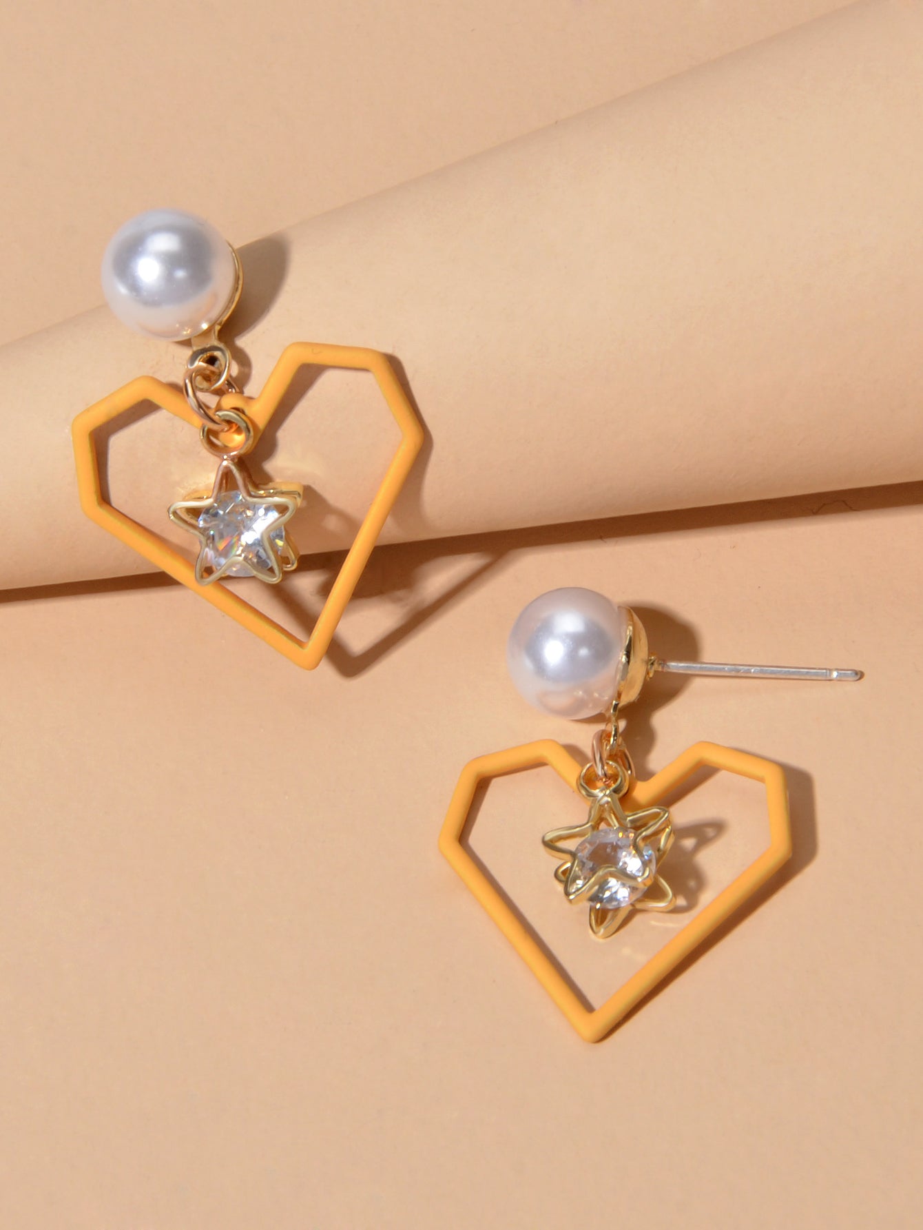 Love Gift for Women Girls Rhinestone Pearl Decor Gold Star Heart Dangle Earrings
