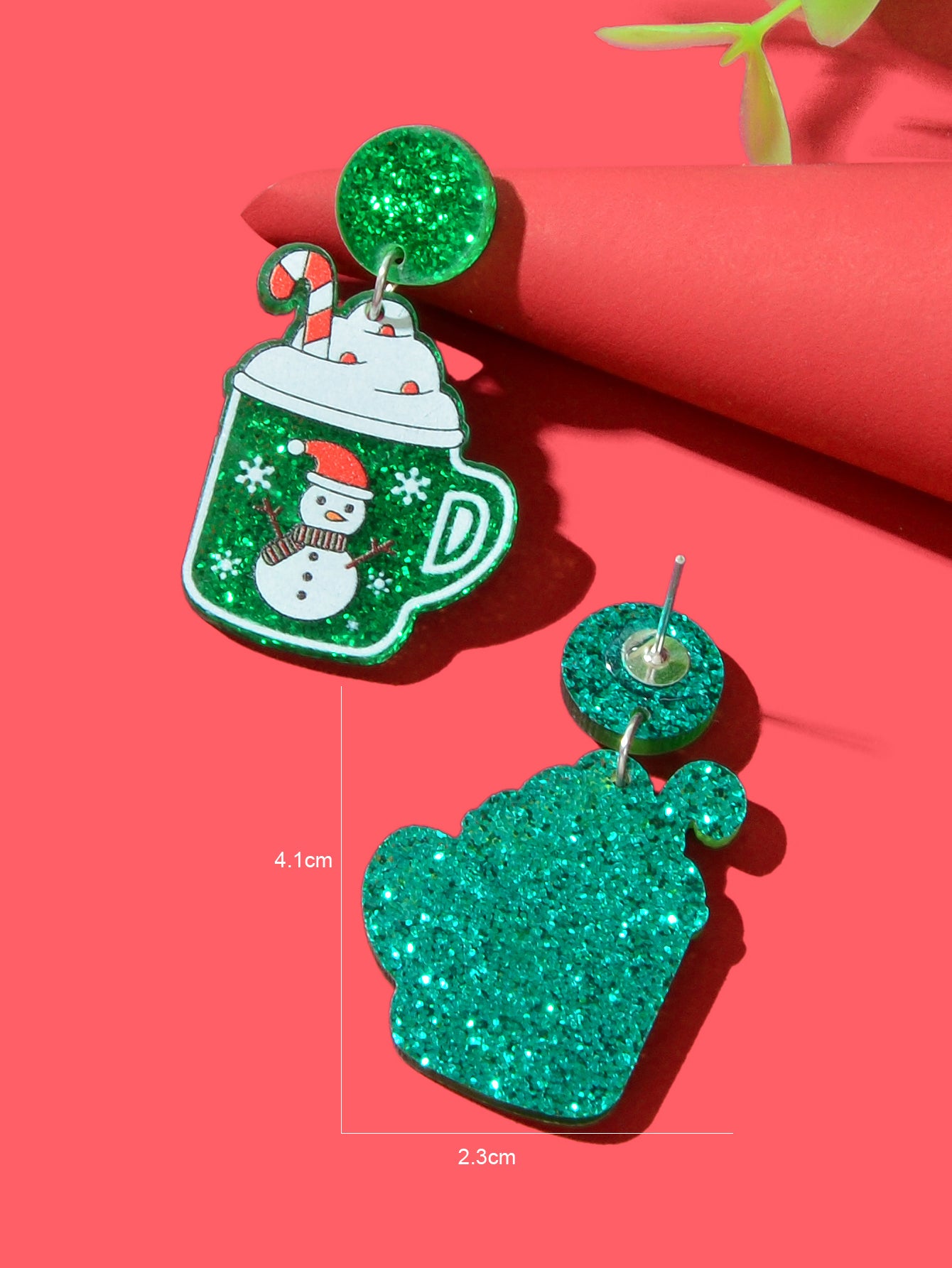 Christmas Sparkling Snowman Candy Cane Pattern Green Ice Cream Cup Earrings Gift