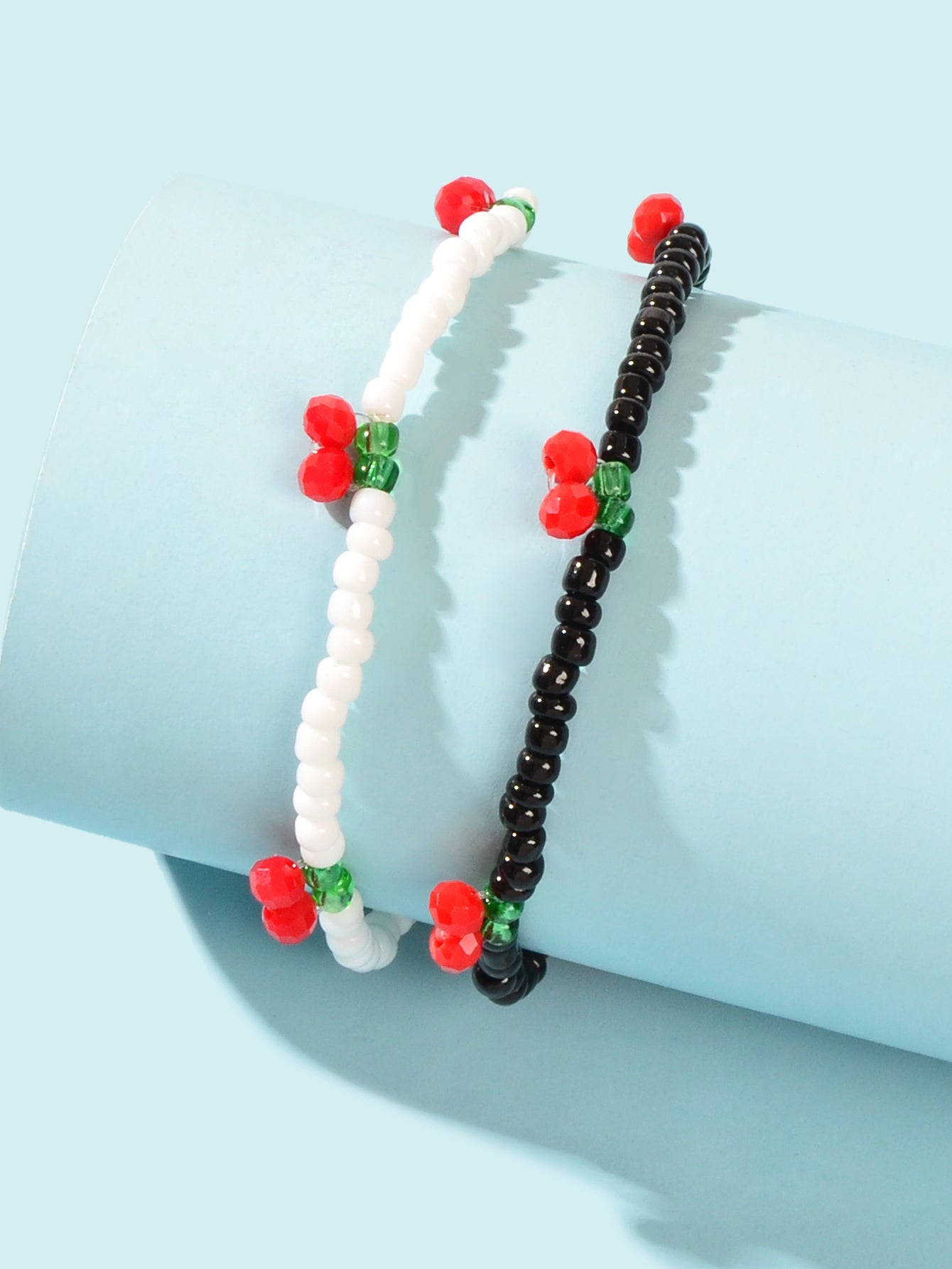 Boho 2 pcs Stackable White Black Seed Beads Stretch Elastic Red Cherry Bracelets