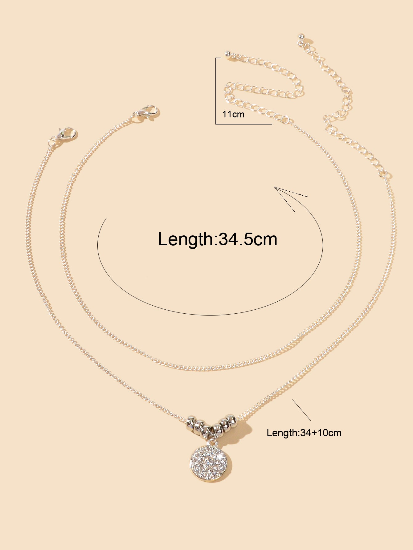 Trendy Jewellery 2 pcs Gold Silver Chain Rhinestone Decor Round Pendant Necklace