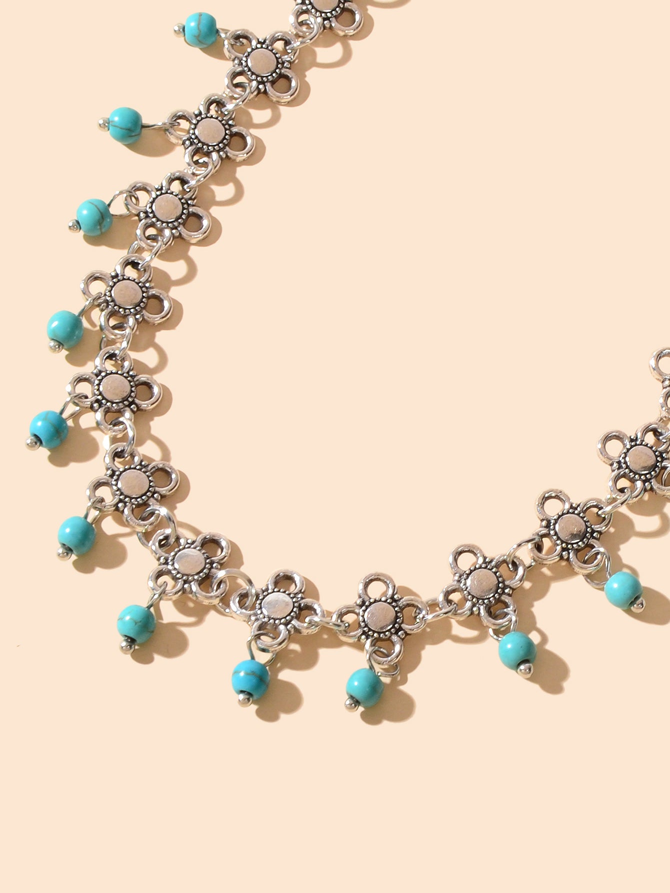 Ethnic Boho Chic Antique Silver Flower Turquoise Charm Beach Anklet Foot Jewelry