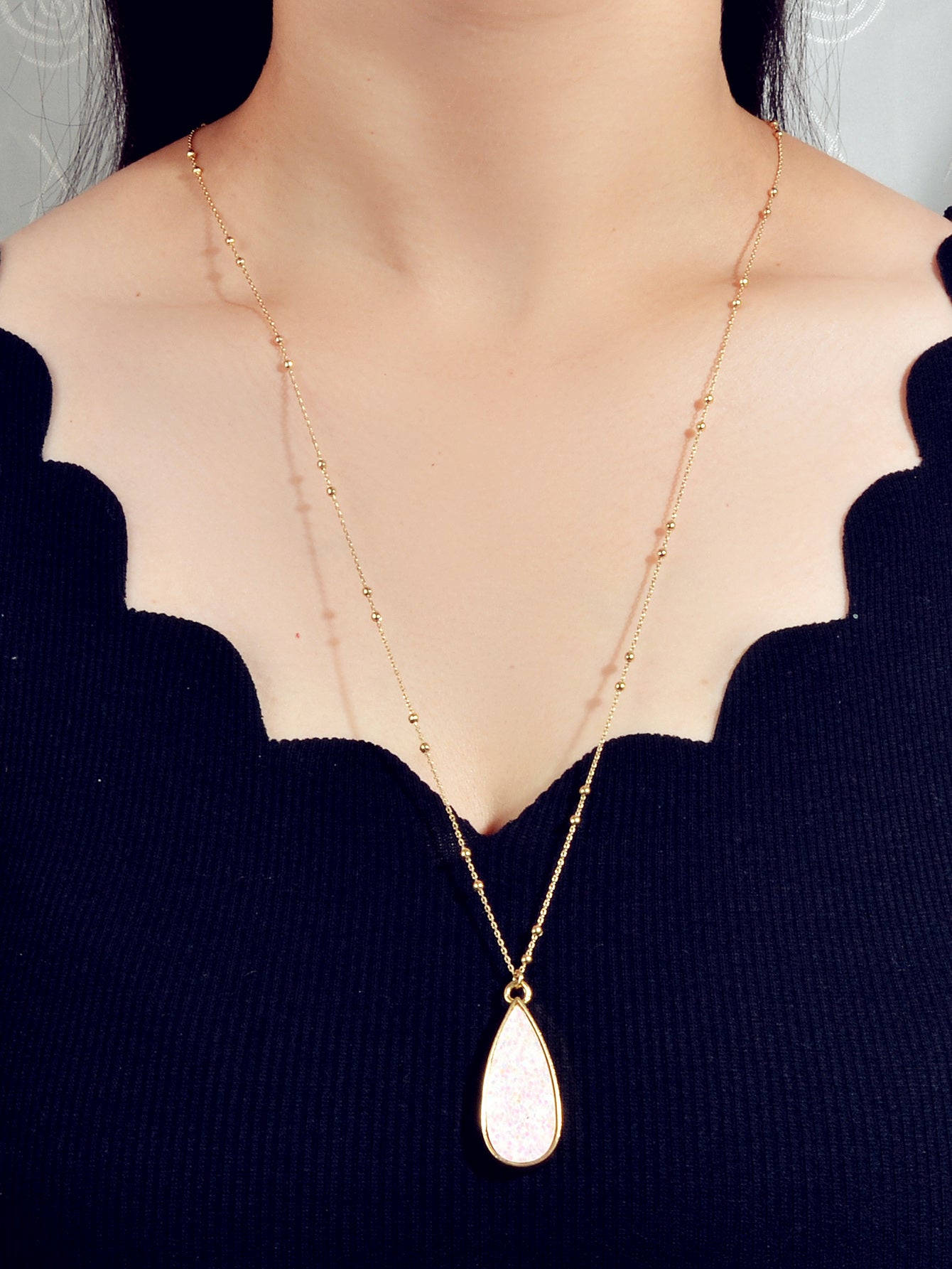 Women Teen Girl Jewellery Gold Beads Chain Shinning Water Drop Pendant Necklace