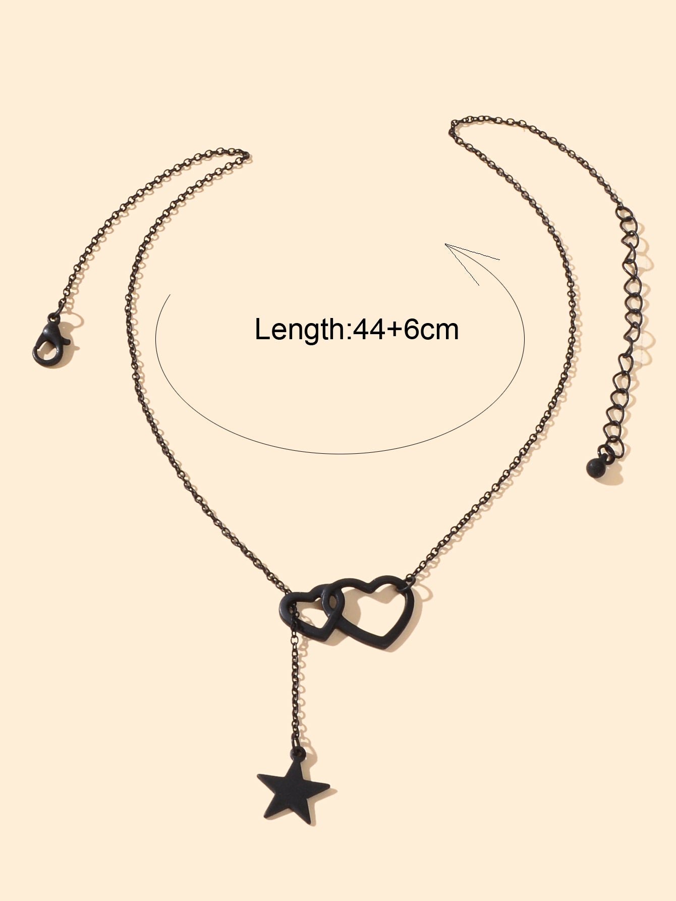 Black Chain Double Hearts Linked Star Pendant Y Lariat Necklace Clavicle Collar