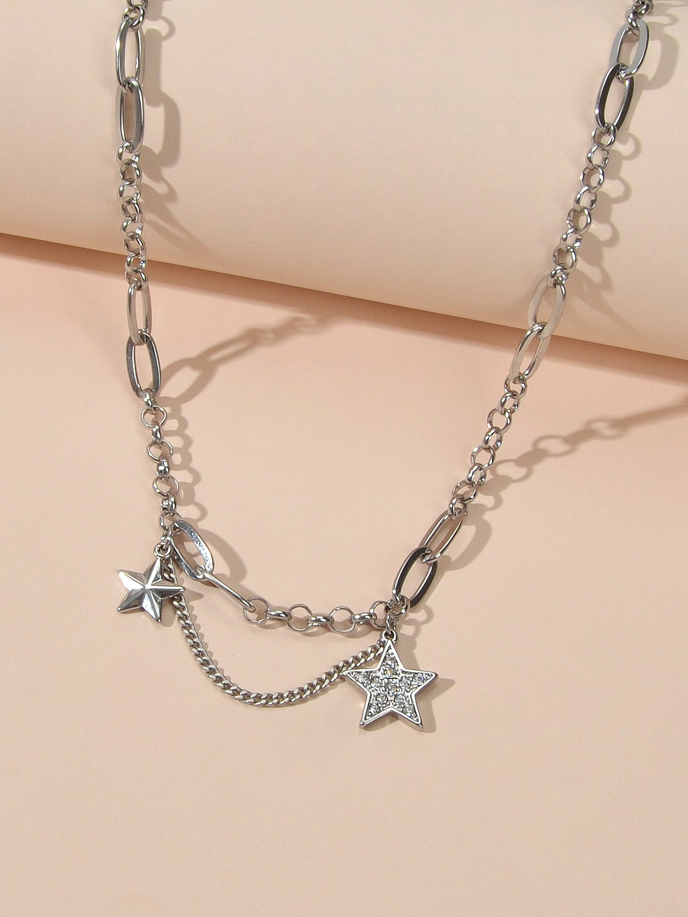 Retro Silver Trendy Paperclip Chain Rhinestone Star Charm Short Collar Necklace