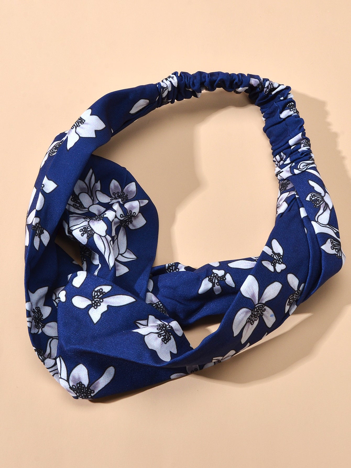 Ethnic Wide Headband White Flower Blue Stretch Elastic Turbans Stylish Hair Band
