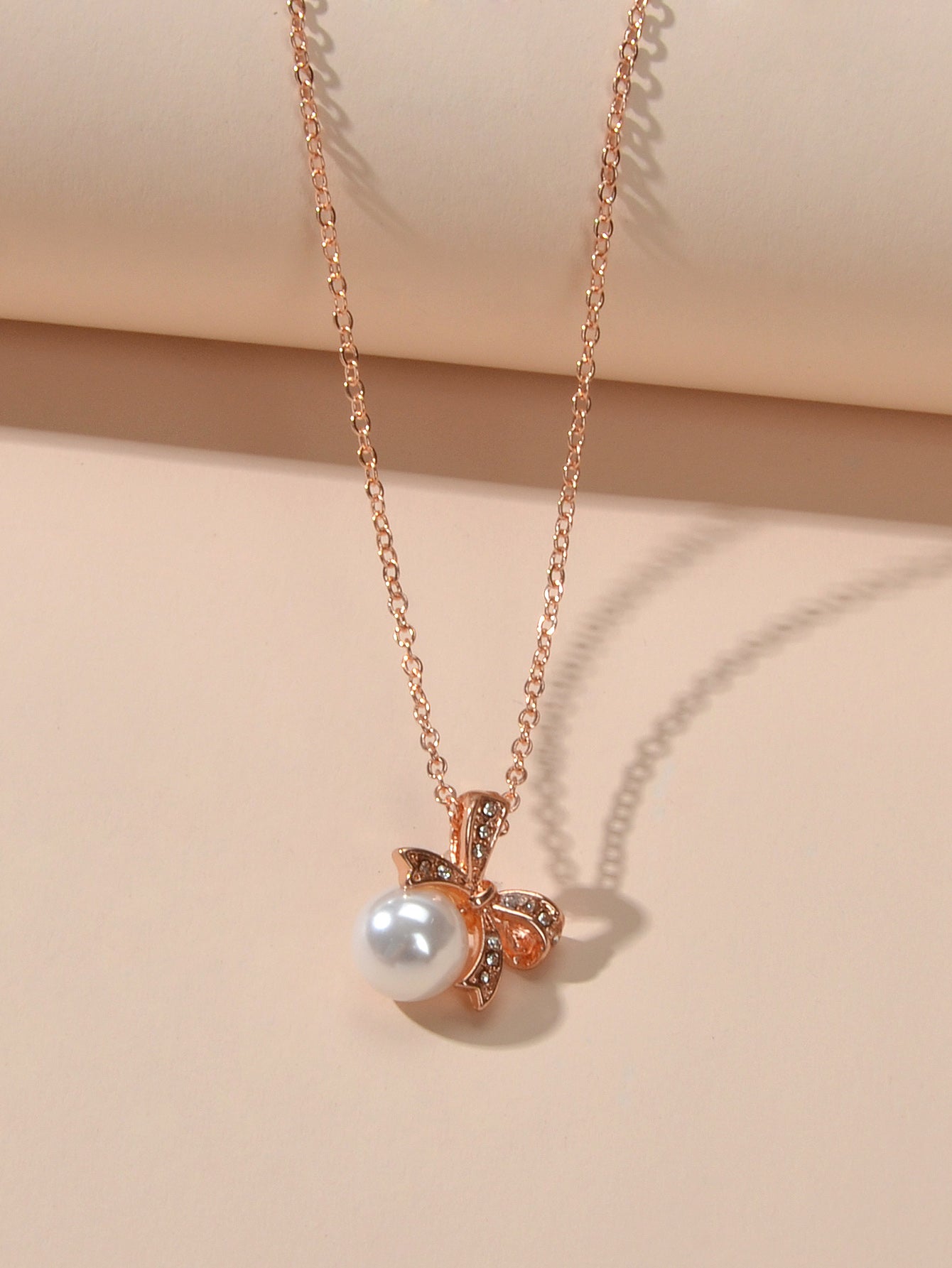 Anniversary Wedding Jewellery Rhinestone Rosegold Chain Pearl Bowknot Necklace