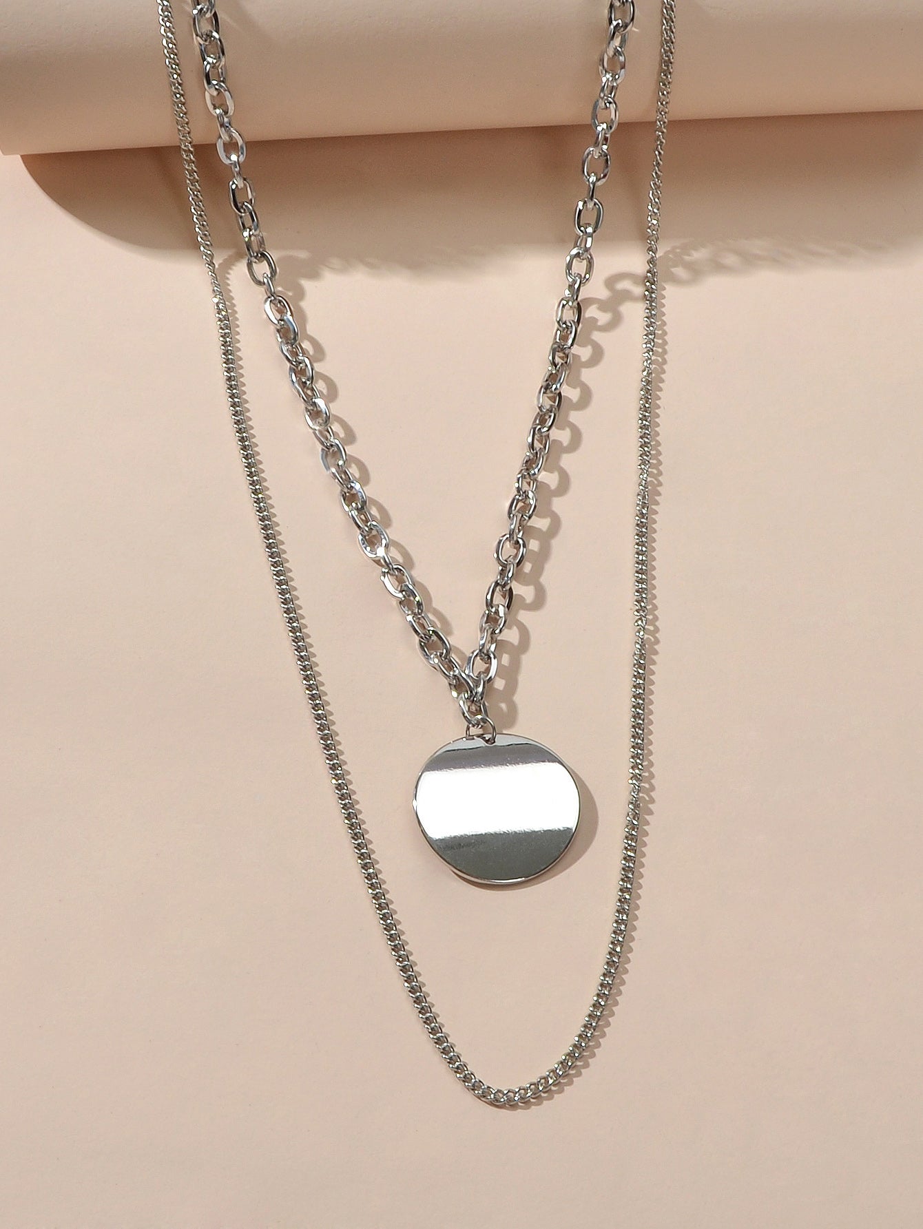 Statement Jewelry Double layer Silver Long Chain Geometric Round Charm Necklace