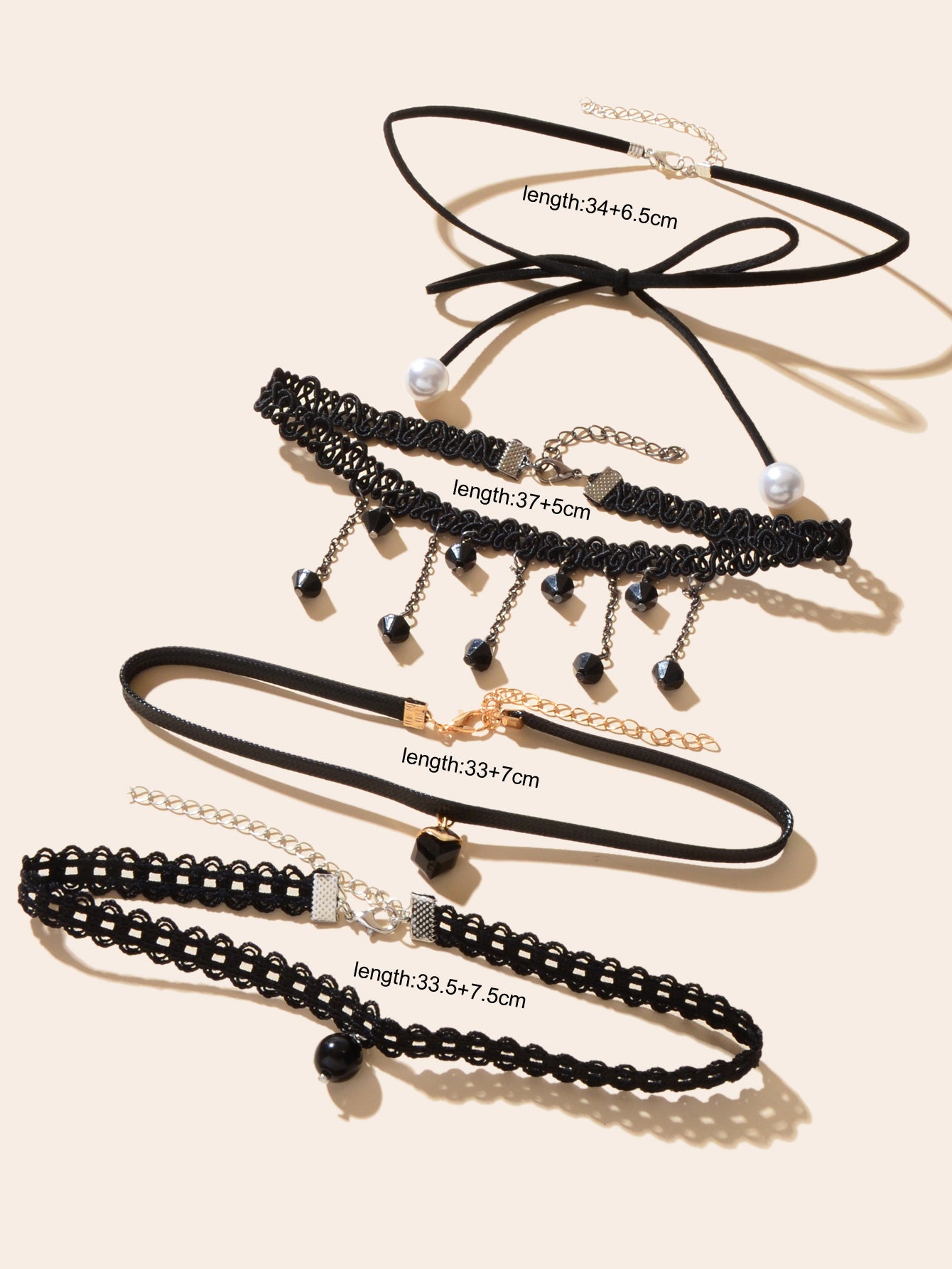 4 pcs Punk Vintage 90s Black Hollow Lace Bow Tassel Charm Tattoo Choker Necklace