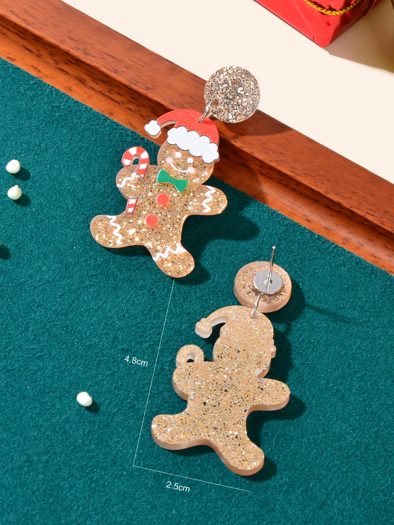 Christmas Gift Sparkling Acrylic Gingerbread Man with Candy Cane Dangle Earrings