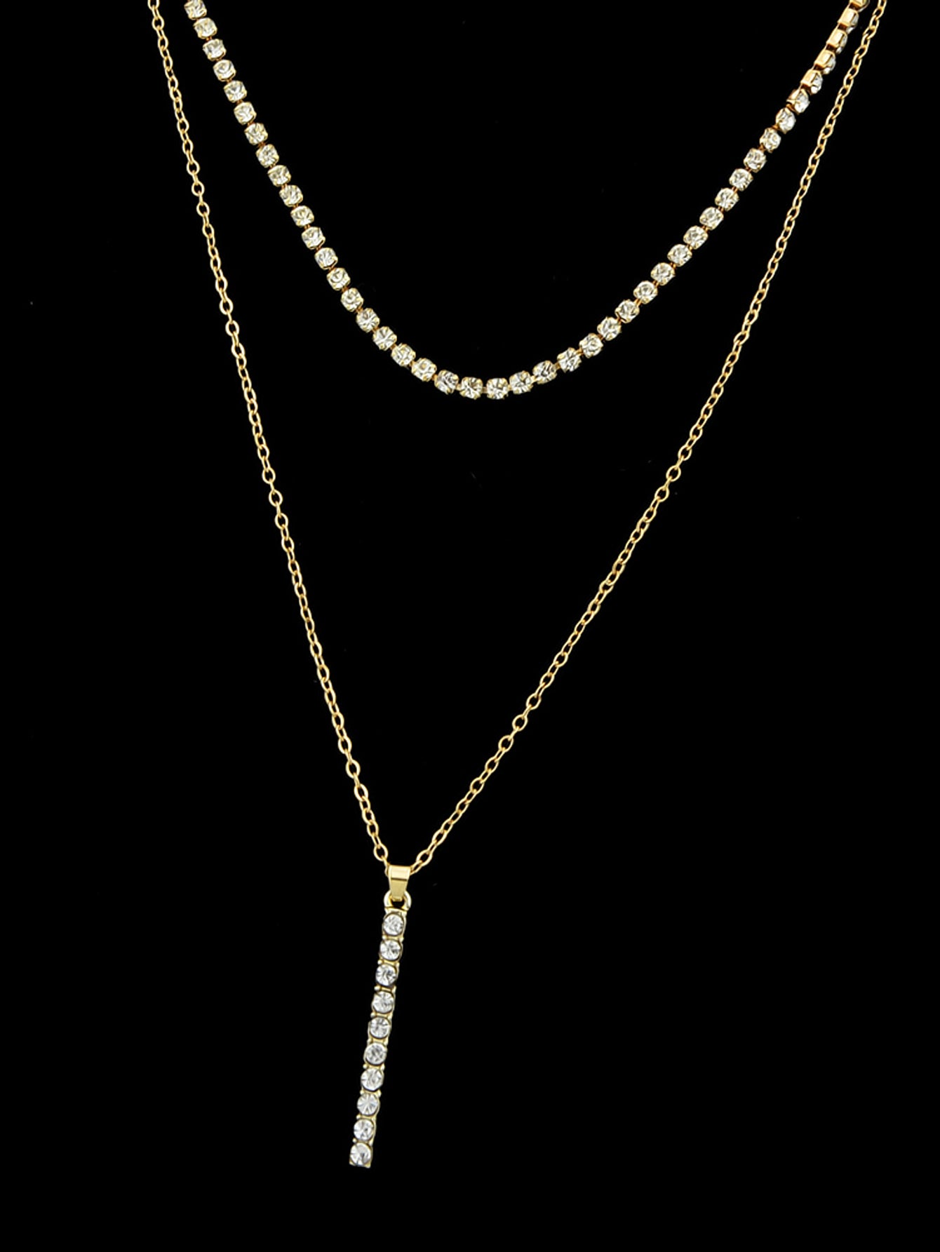 Trendy Shining Full Rhinestone Gold Silver Double layer Chain Bar Charm Necklace