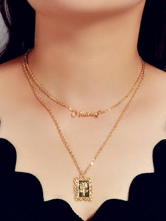 Unique Double layer Chain Letter Charm Flower Pattern Square Pendant Necklace