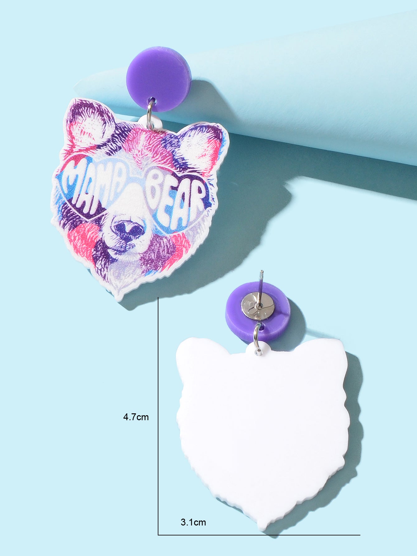Stylish Purple Acrylic Letter Bear Head Dangle Earrings Women Party Decoration