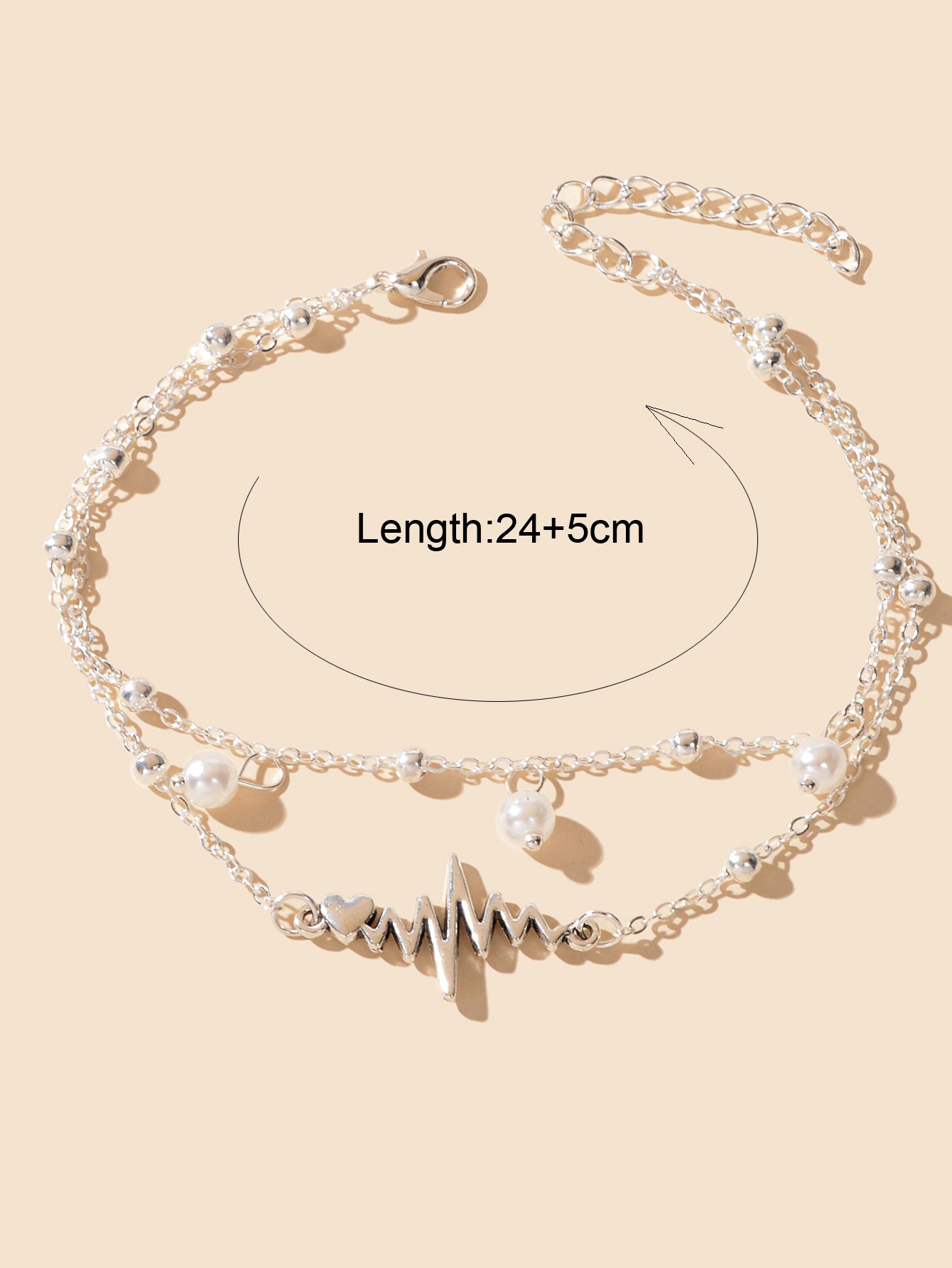Double layer Silver Chain Pearl Bead Charm Heartbeat Boho Chic Foot Chain Anklet