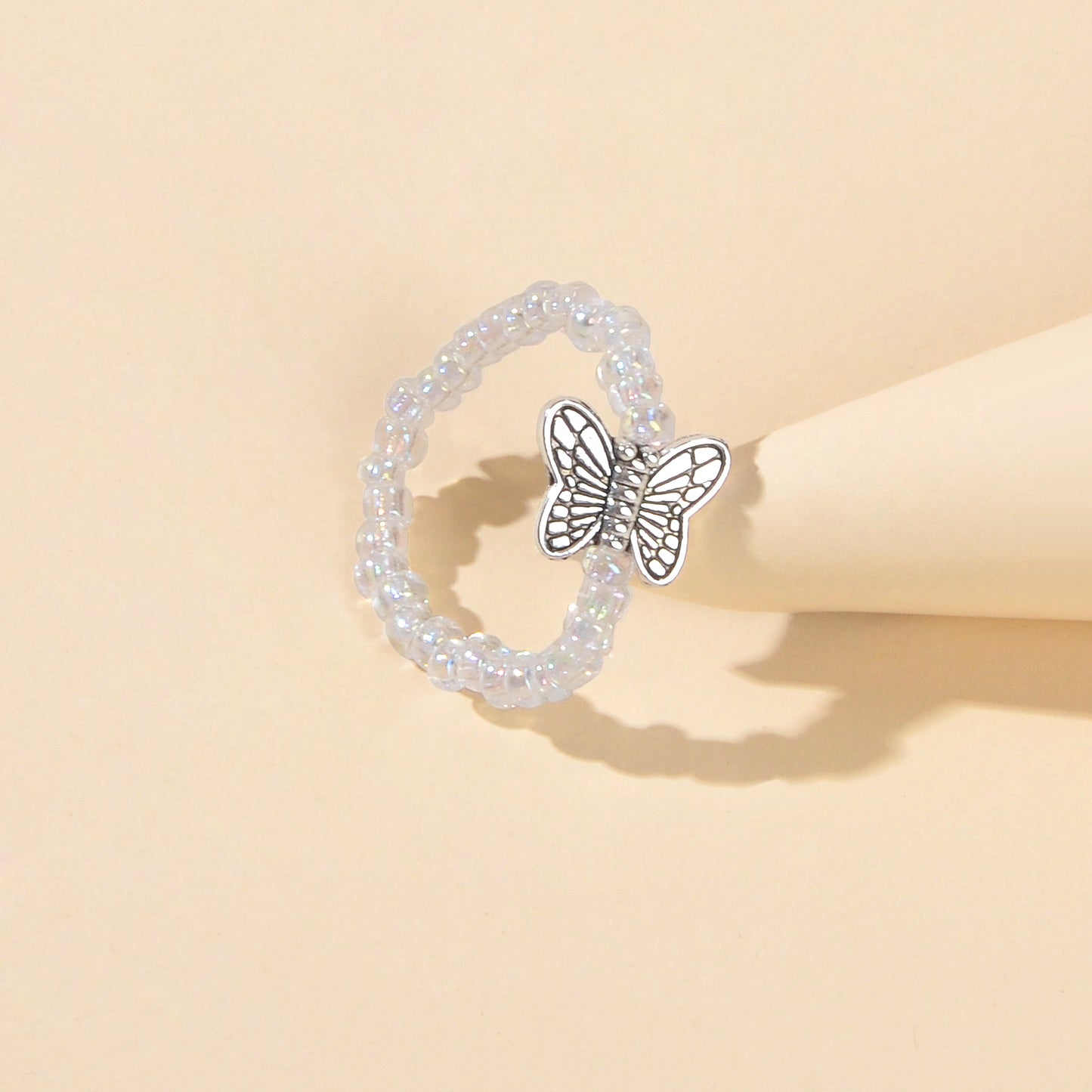 Handmade Beads Elastic Antique Silver Butterfly Finger Ring Party Decoration