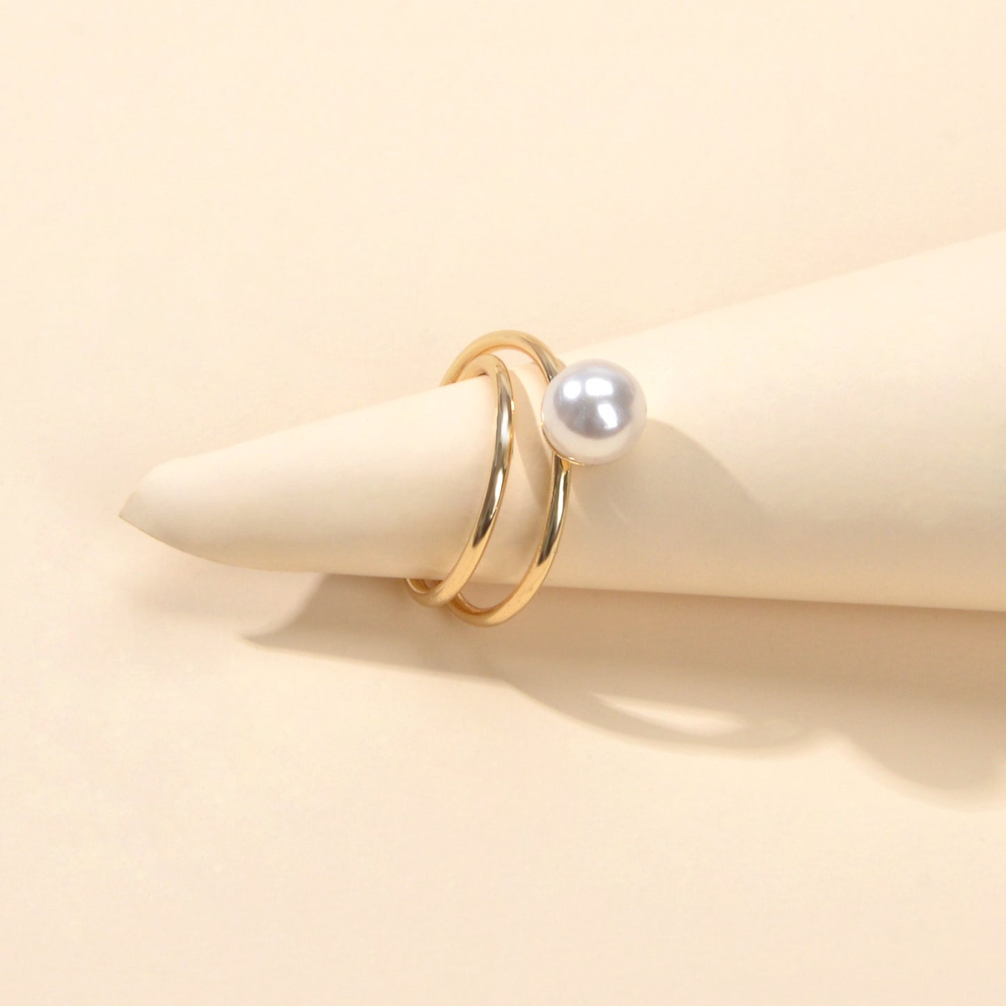 Perfect Engagement Jewelry Pearl Decor Metal Geometric Double layer Finger Ring