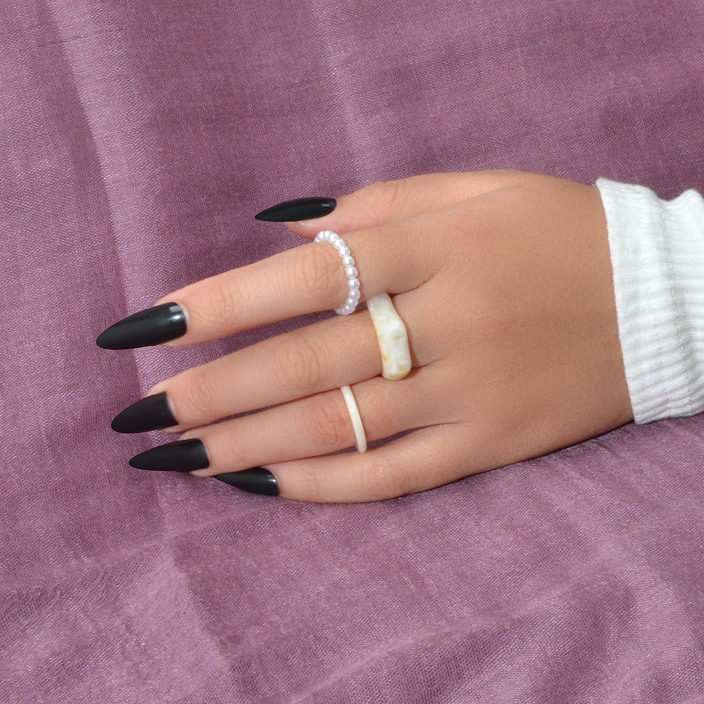 Multiple 3 pcs White Brown Resin Chunky Pearl Elastic Stackable Finger Ring Set