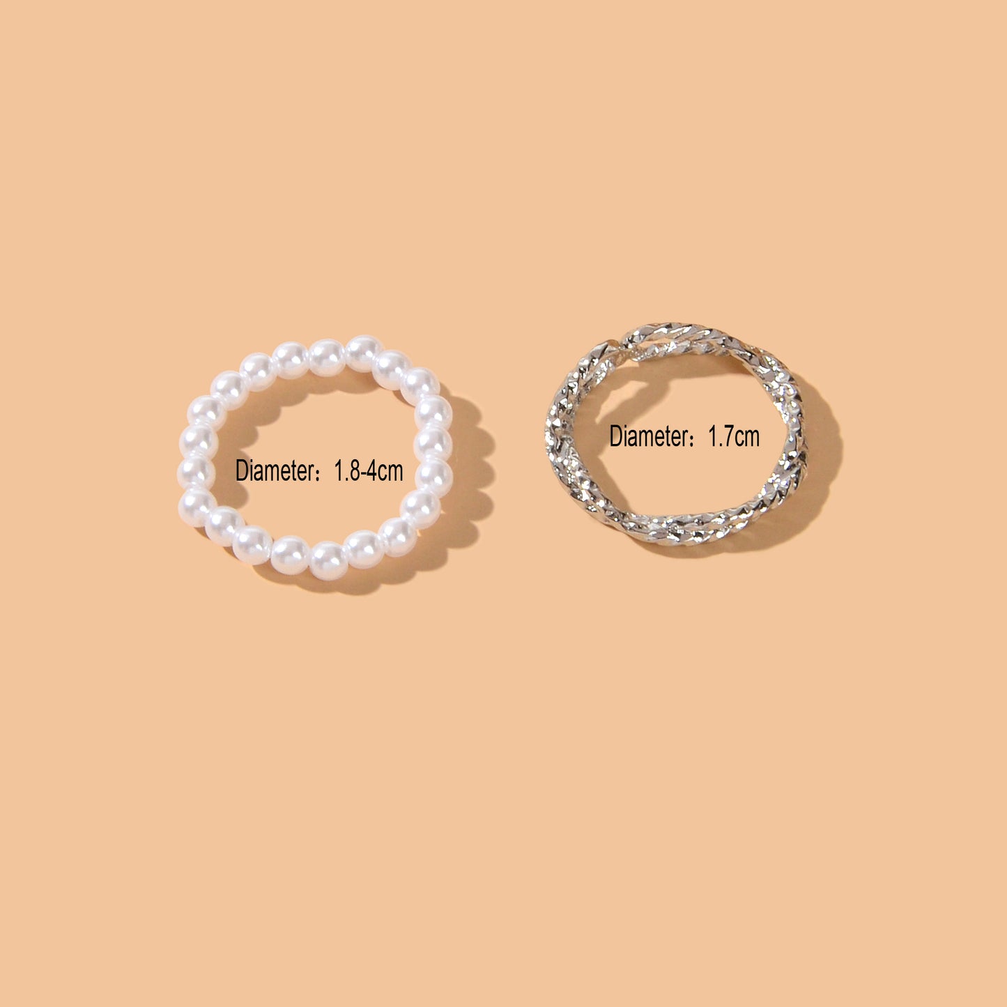 Retro Multiple 2 pcs Pearl Elastic Silver Metal Minimalist Stackable Rings Set