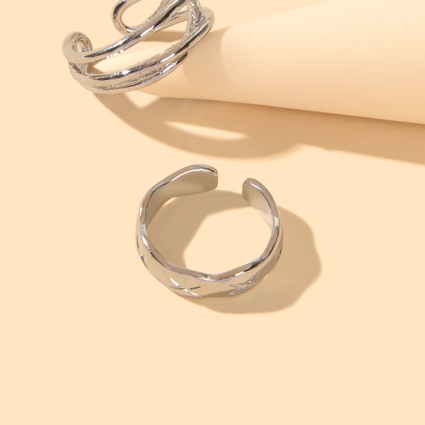 Statement Punk 2 pcs Silver Metal Geometric Multiple Stackable Midi Rings Set